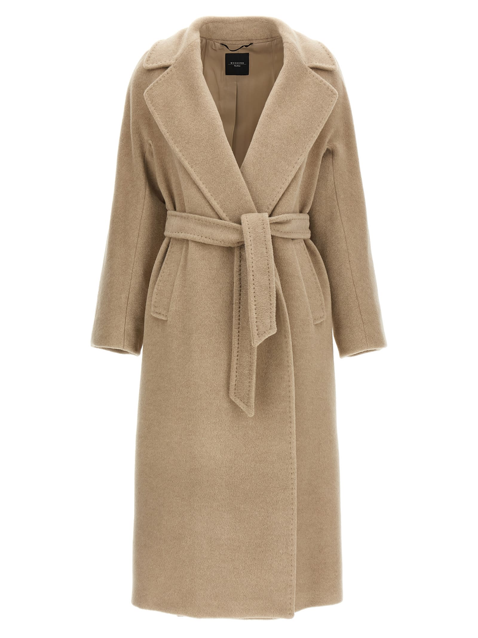 Weekend Max Mara Long Coat With Belted Waist And Pockets In Neutral