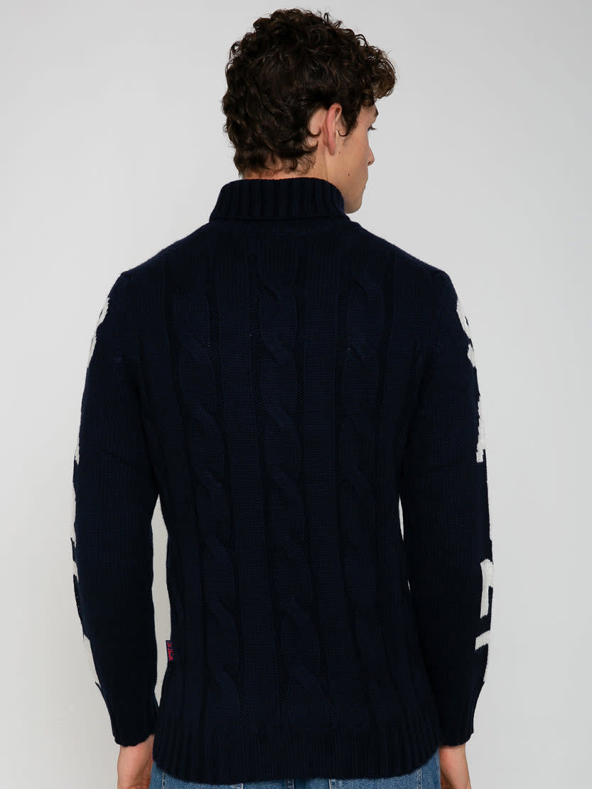 Mc2 Saint Barth Man Navy Blue Cable Knit Sweater Fisherman With Saint Barth Jacquard In Blue