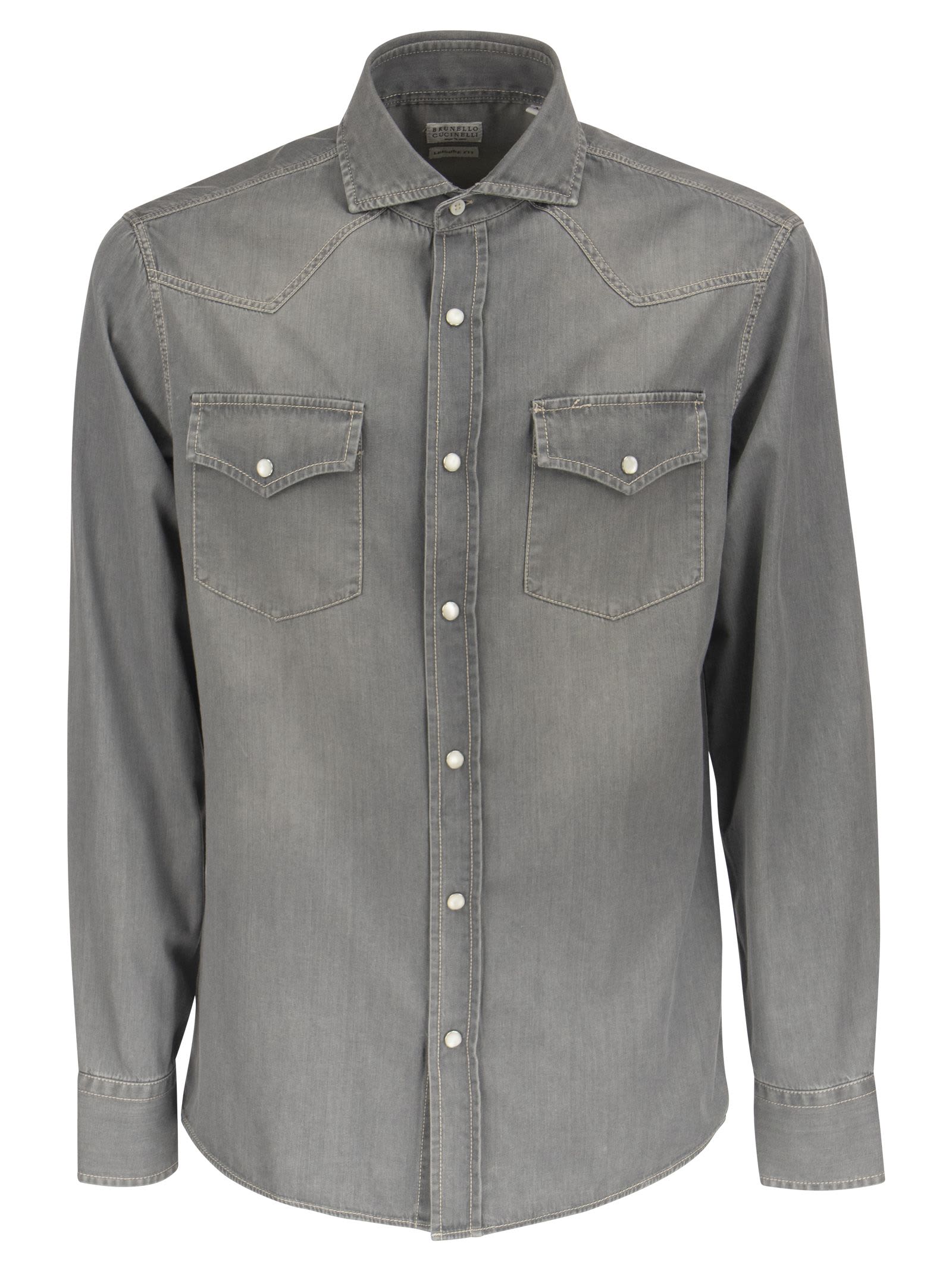 Brunello Cucinelli Grey Denim Leisure Fit Shirt With Press Studs, Shoulder Pad And Pockets