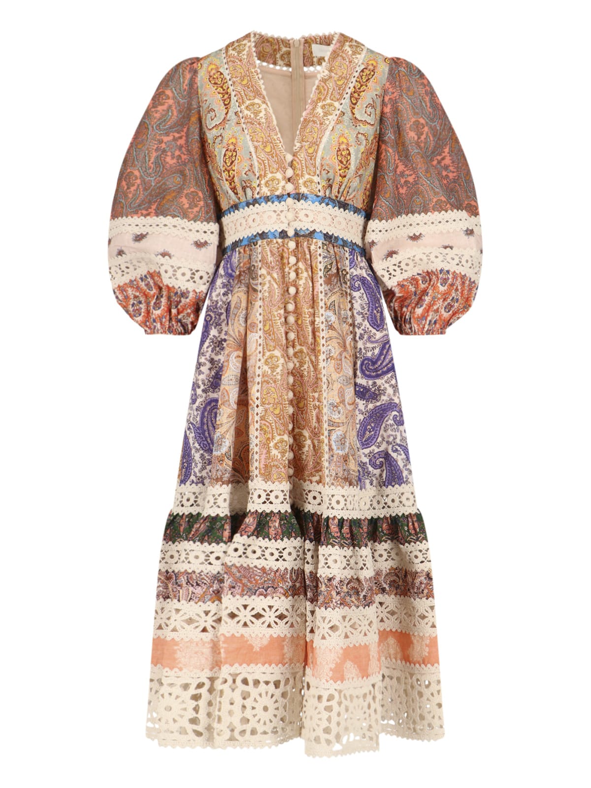 Zimmermann Devi Spliced Printed Linen Midi Dress In Multicolor