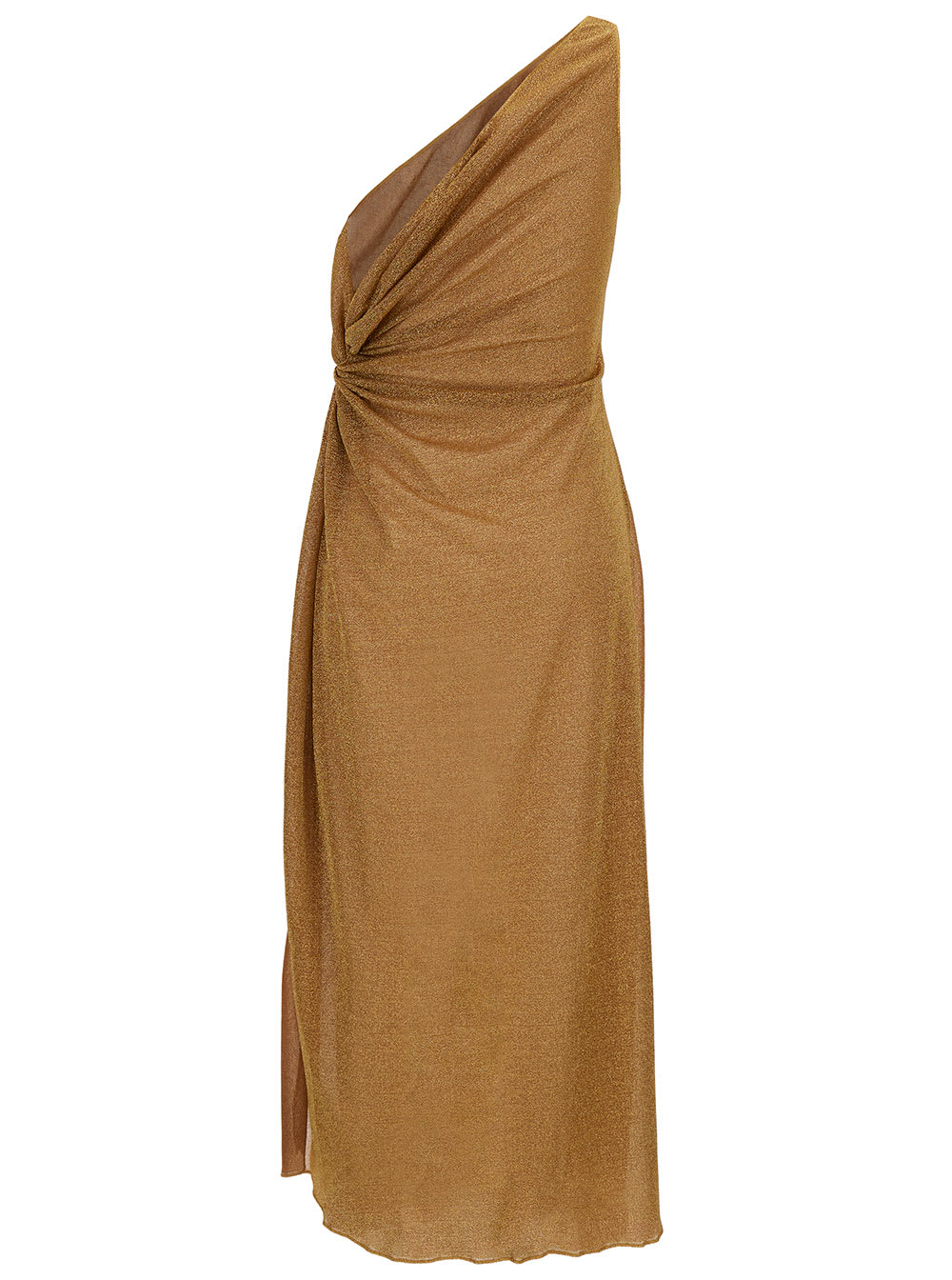 Shop Oseree Lumière Midi Gold Dress With Knot Detail In Lurex Woman In Metallic