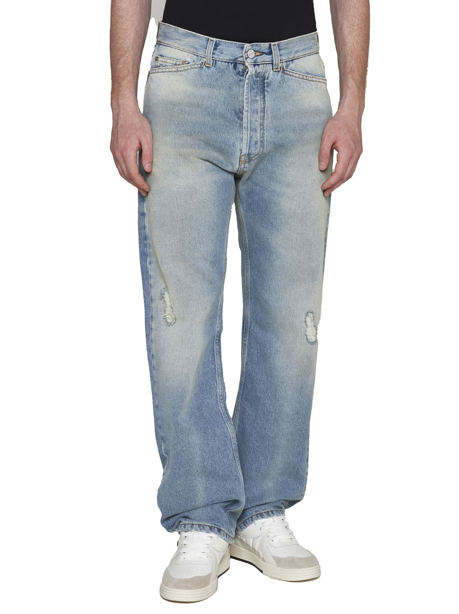 Palm Angels Loose-fit Jeans In Blue Denim With Pa Monogram In Light Blue