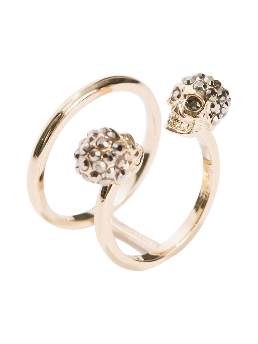 Alexander Mcqueen Twin Skull Double Ring In Gold