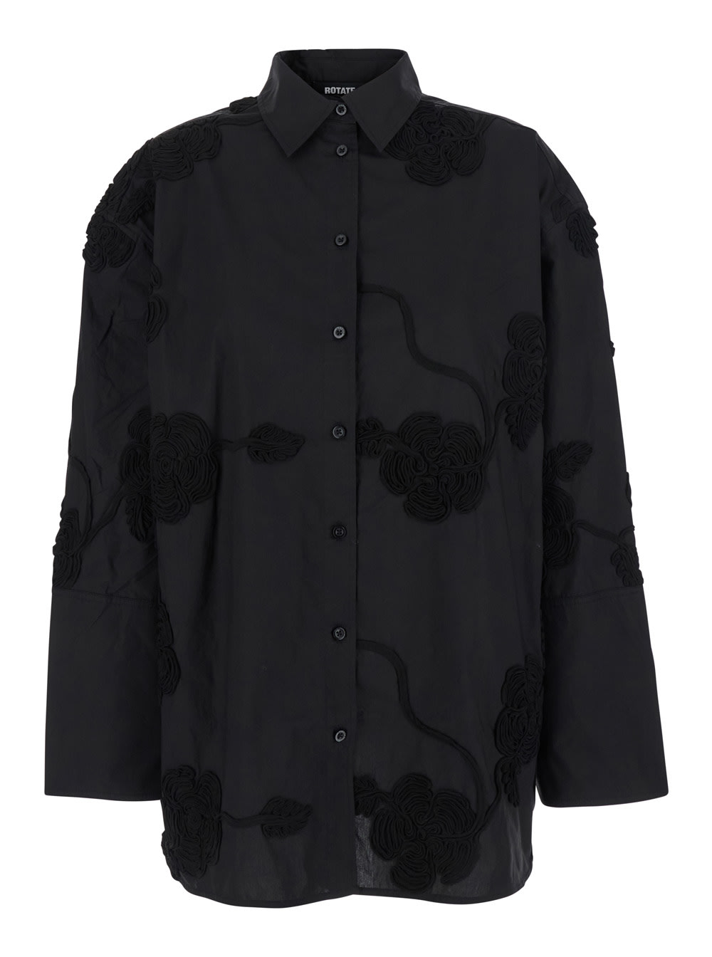 Black Oversize Shirt With Classic Collar And All-over Floral Embroidery In Cotton Woman