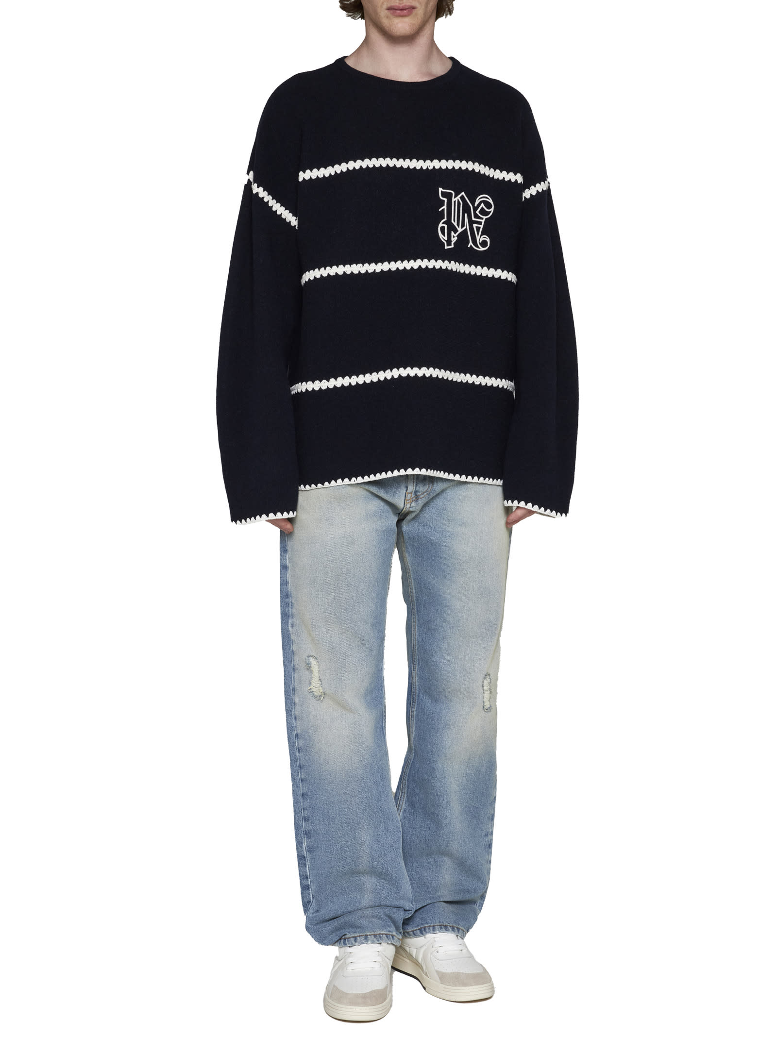 Palm Angels Navy And White Knit Sweater With Paint Monogram Stripes In Blue