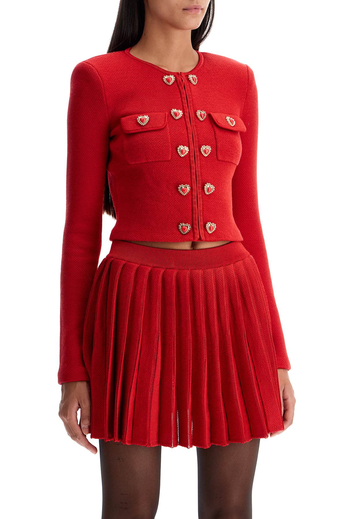 Shop Self-portrait Short Knitted Cardigan With Heart-shaped Buttons In Red (red)