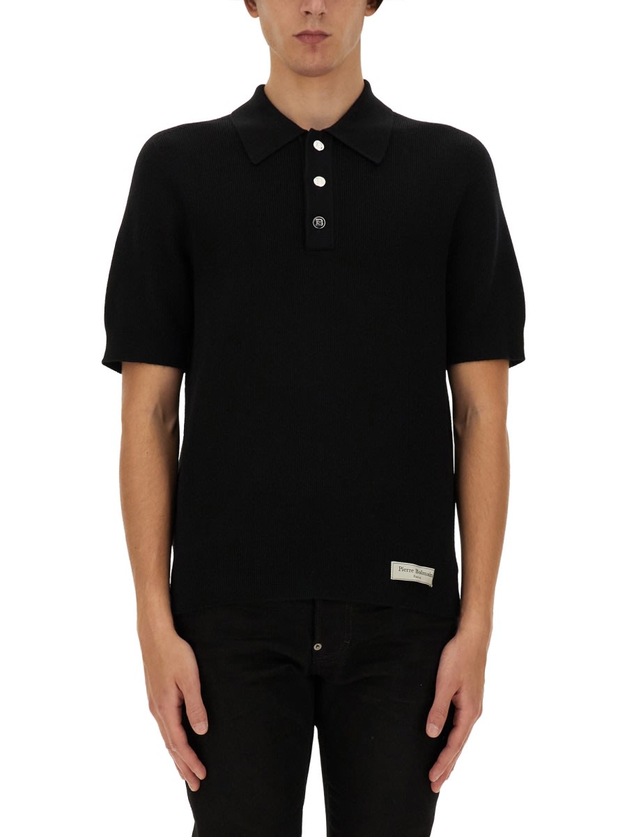 Shop Balmain Merino Wool Polo Shirt In Black