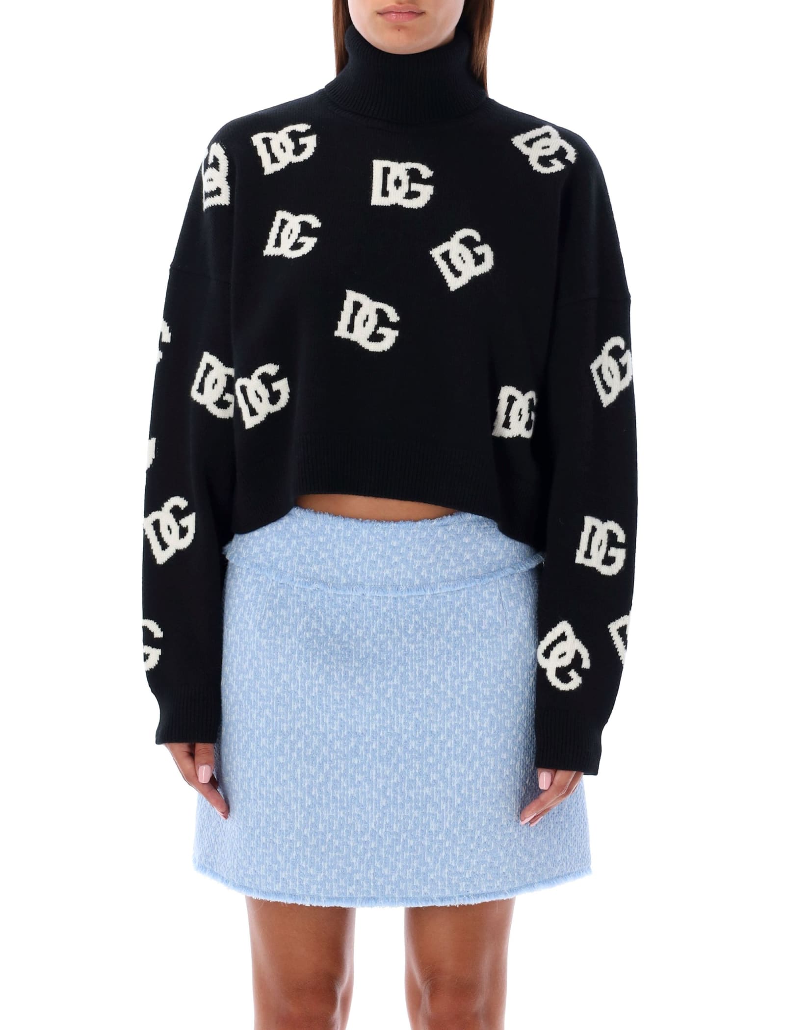 Shop Dolce & Gabbana Dg Intarsia High Neck Sweater In Black White