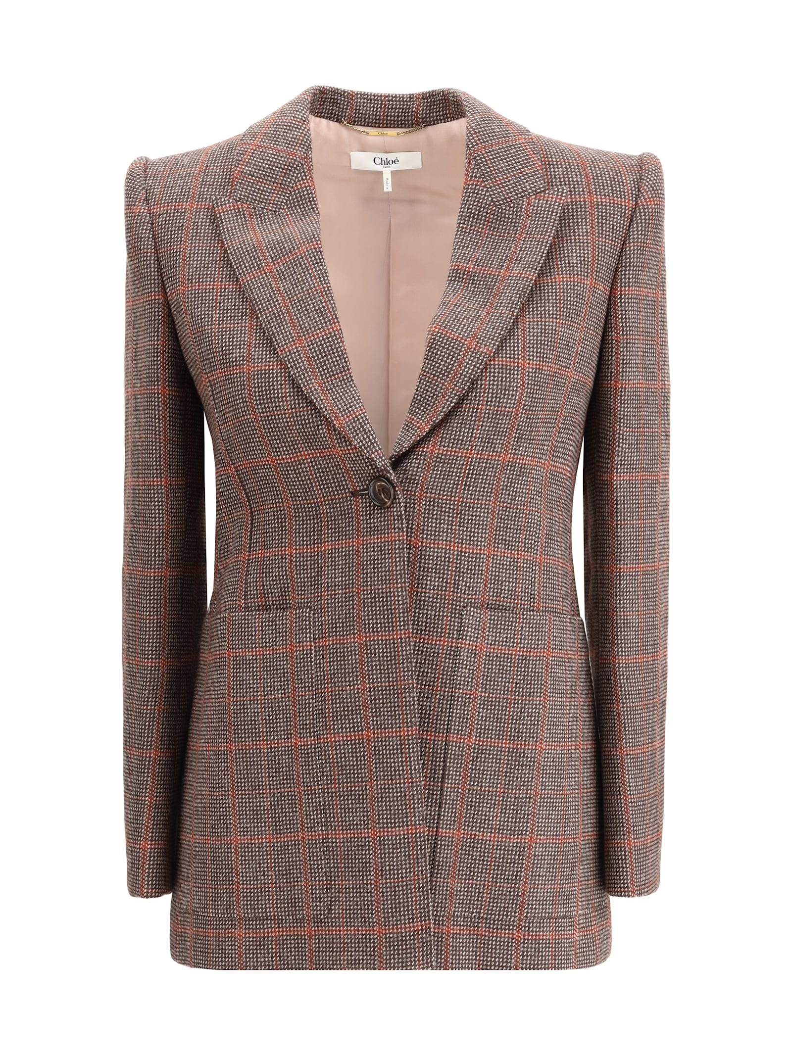 Chloé Tartan Wool Blazer With Shoulder Pads In Brown