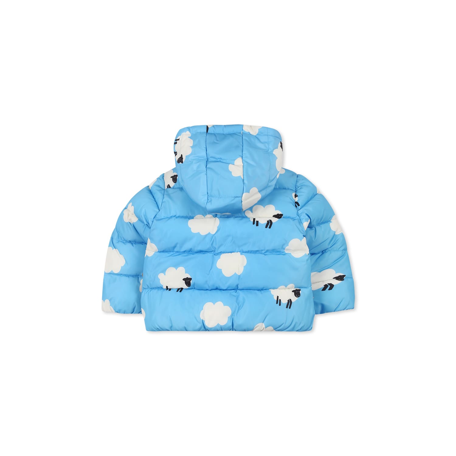 Stella Mccartney Light Blue Down Jacket For Babykids With Clouds In Blue