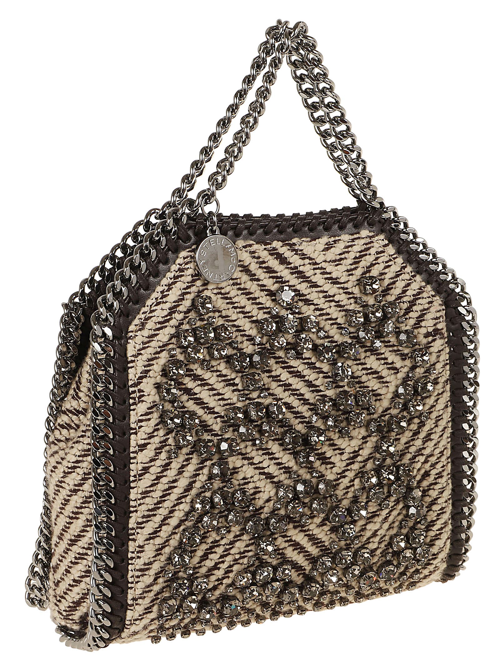 Shop Stella Mccartney Tiny Tote Embroidered Jacquard W/crystals In Chocolate Cream