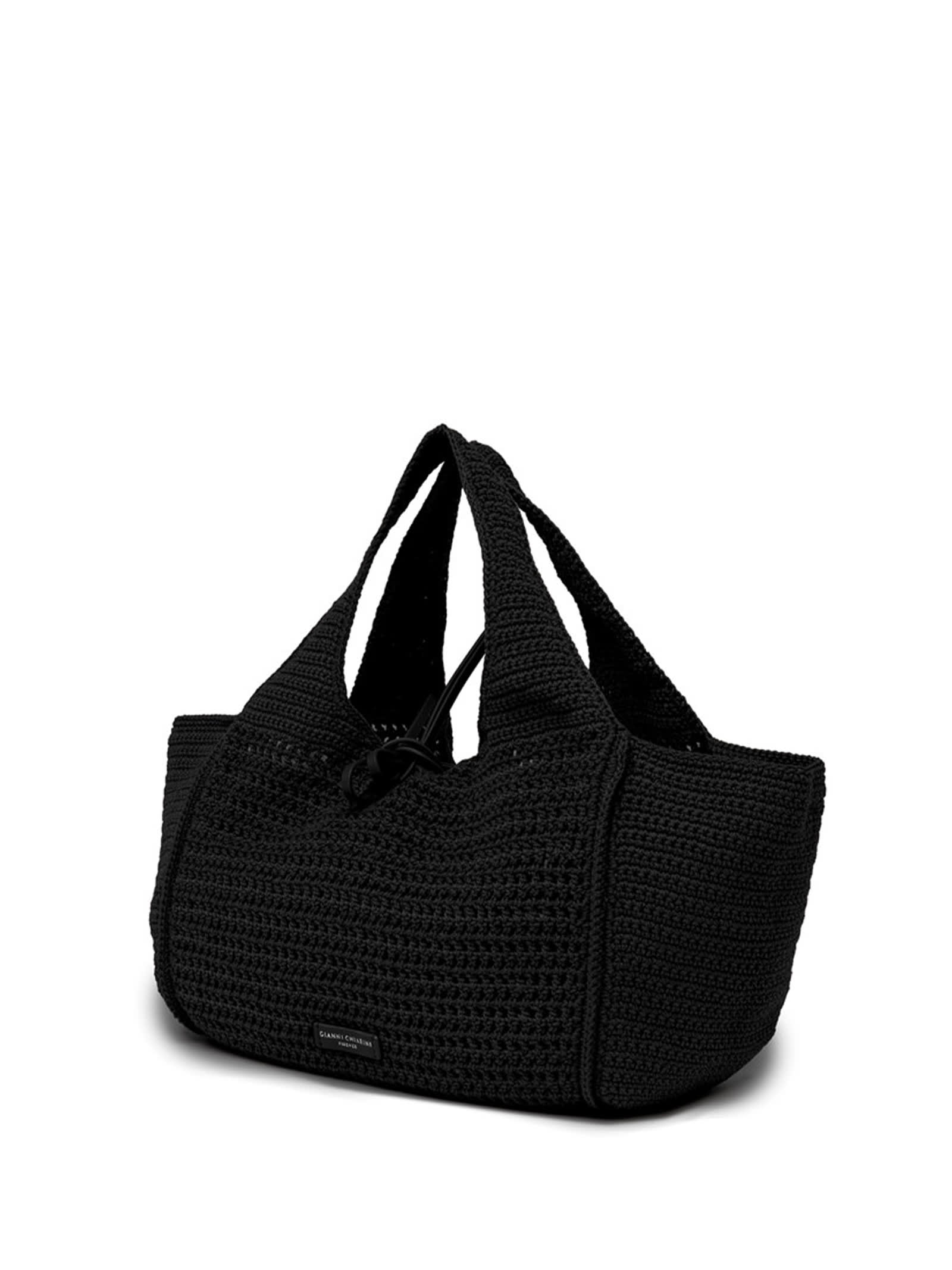 Shop Gianni Chiarini Euforia Black Shopping Bag In Crochet Fabric In Nero