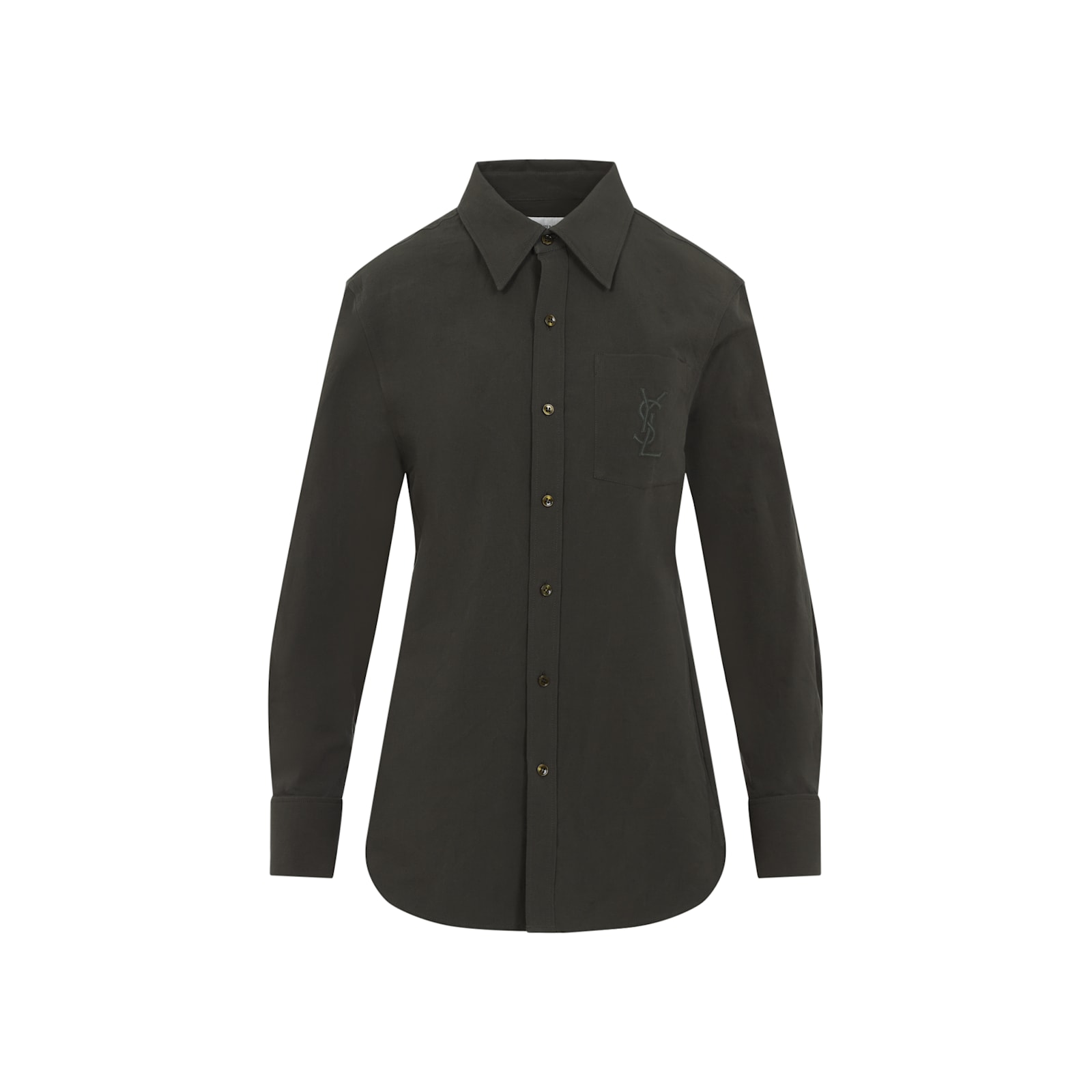 Saint Laurent Logo Embroidered Long-sleeved Shirt In Kaki