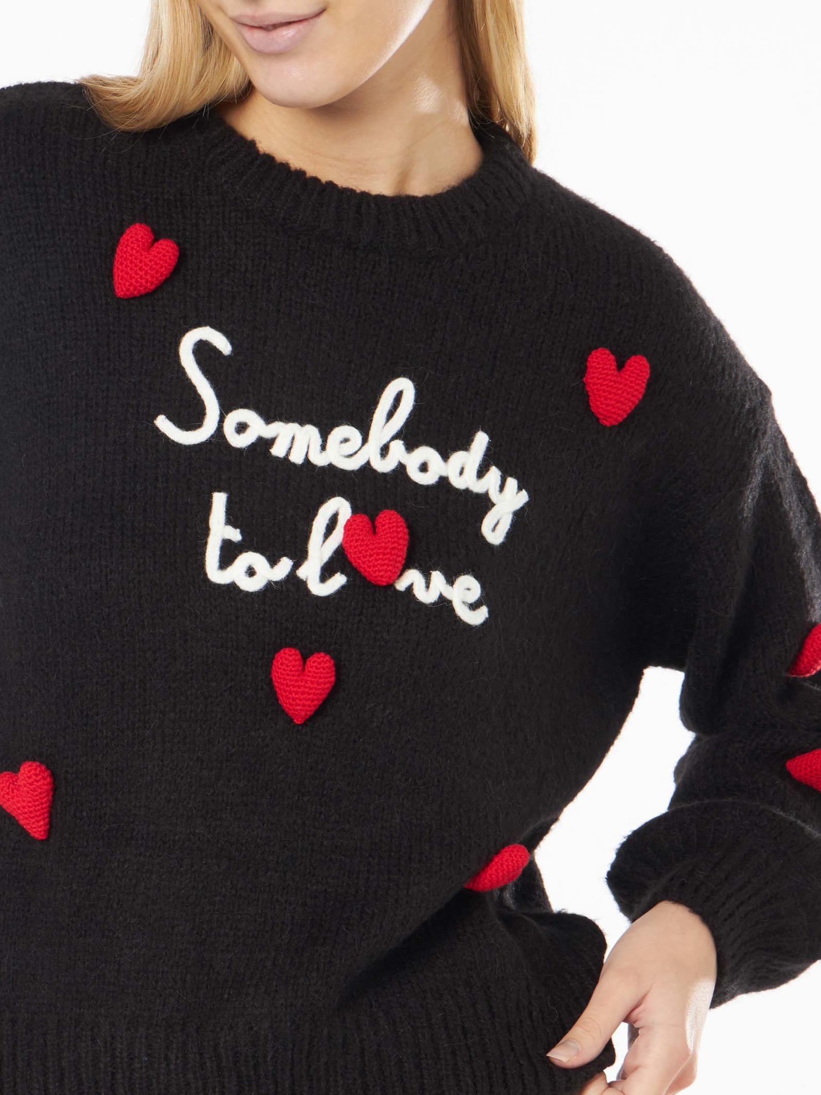 Shop Mc2 Saint Barth Woman Boxy Shape Soft Sweater With Somebody To Love Embroidery And Crochet Hearts Patch In Black