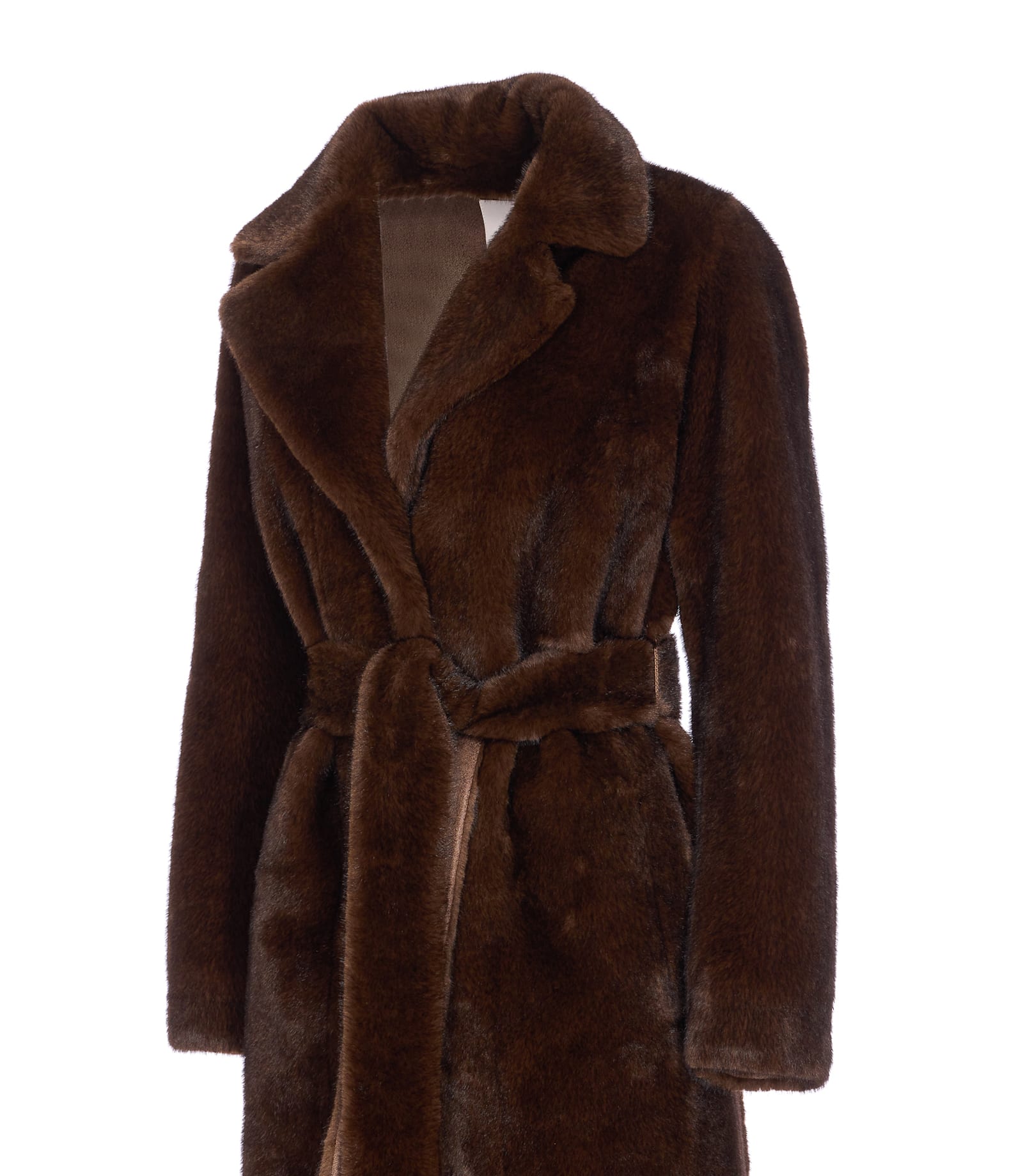 Valentini 1972 Brown Coat With Waist Belt In Faux Fur Woman In Brown