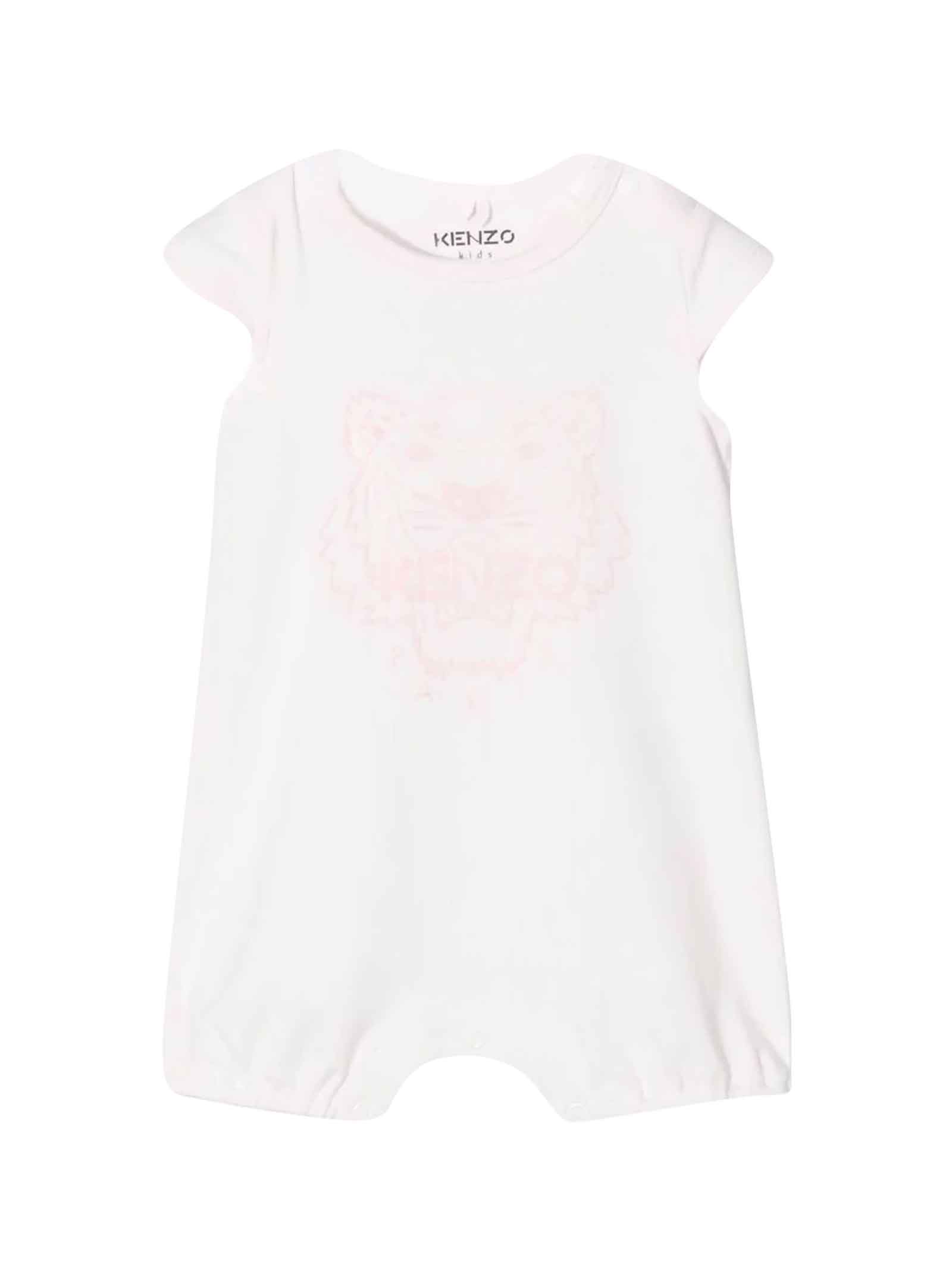 Kenzo Kids Short White Baby Girl Romper With Pink Tiger Print On The Front By