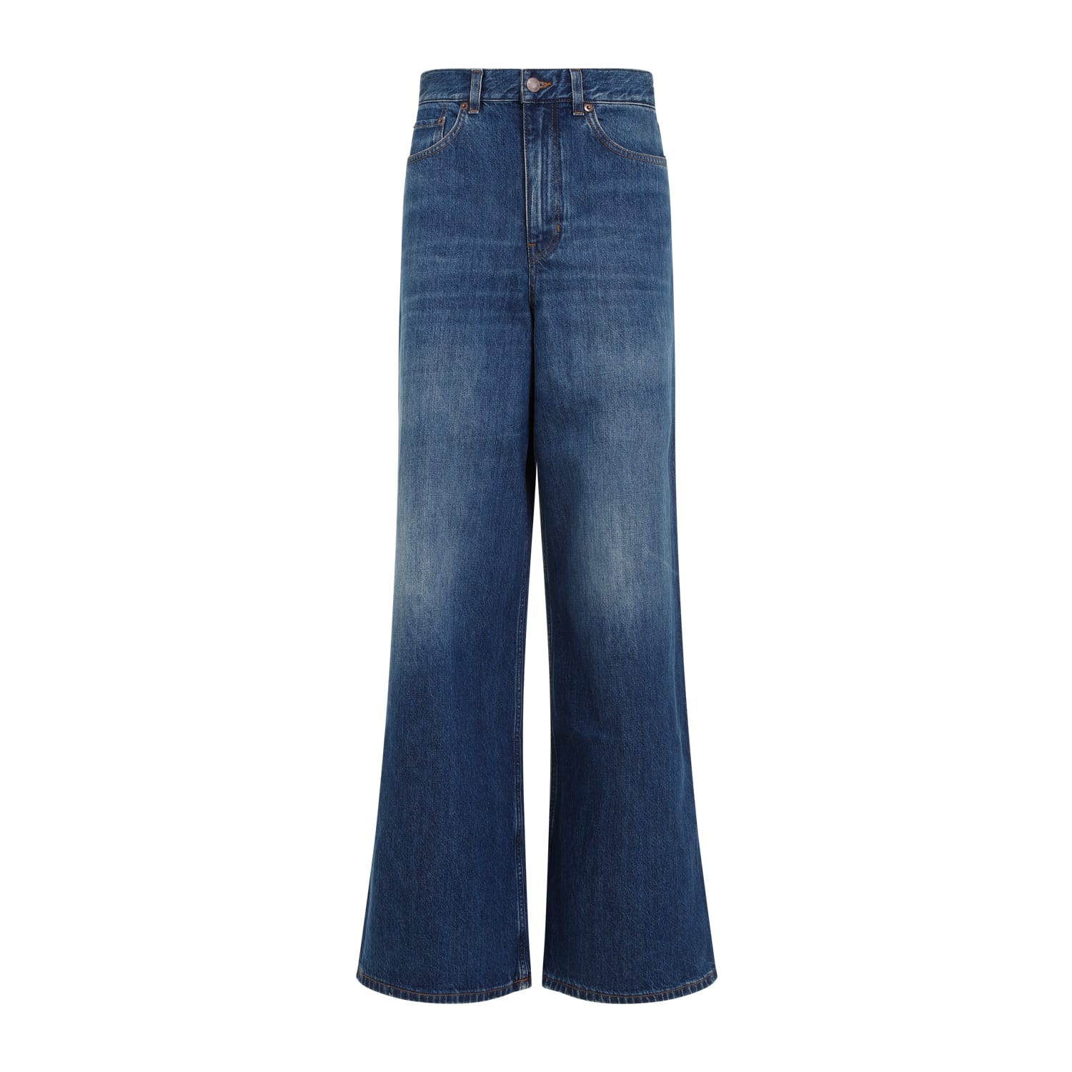 Chloé Blue High Waisted Jeans With Wide Leg And Logo Patch On The Rear In Denim Woman In Blue