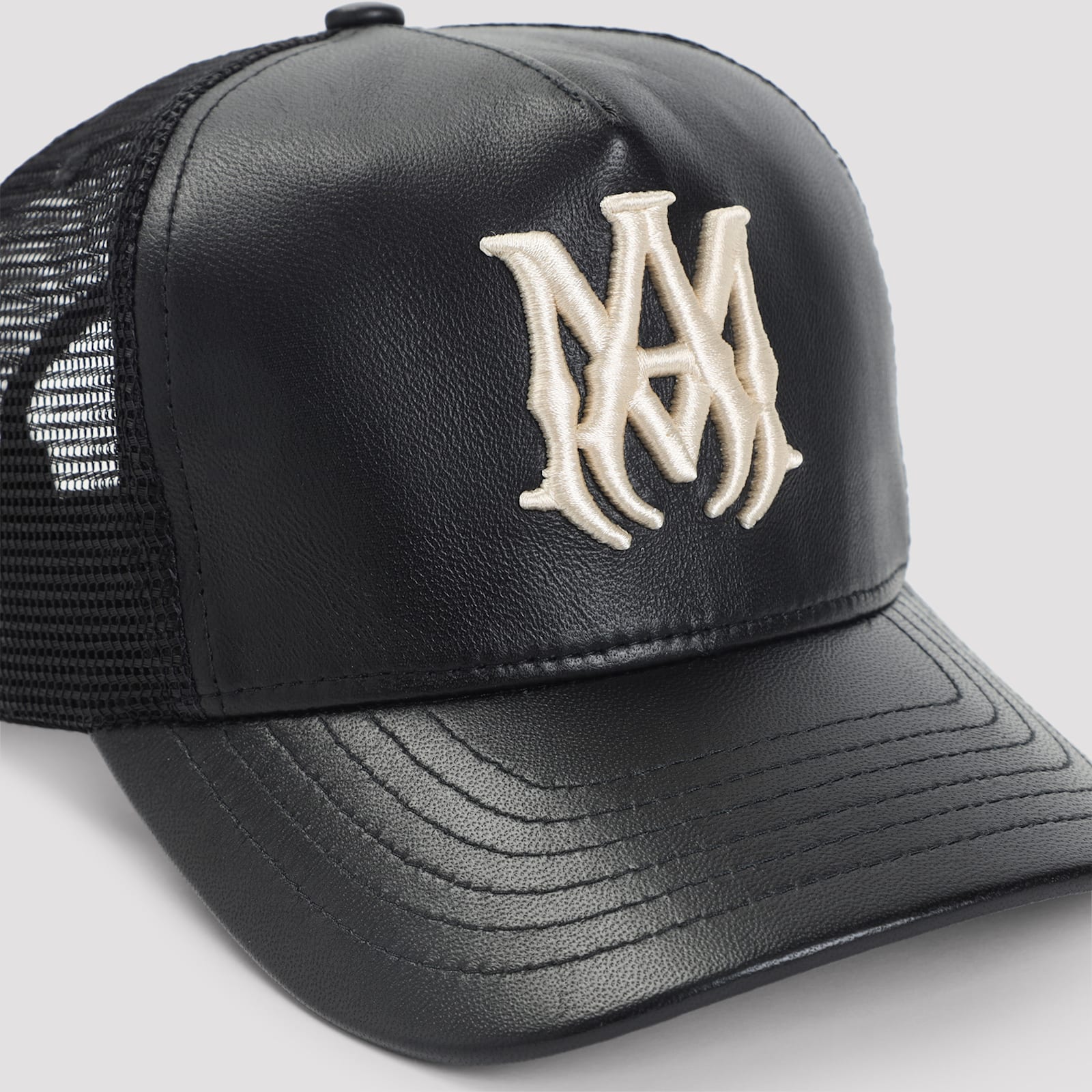 Amiri Leather Cap With Curved Brim And Mesh Back In Black
