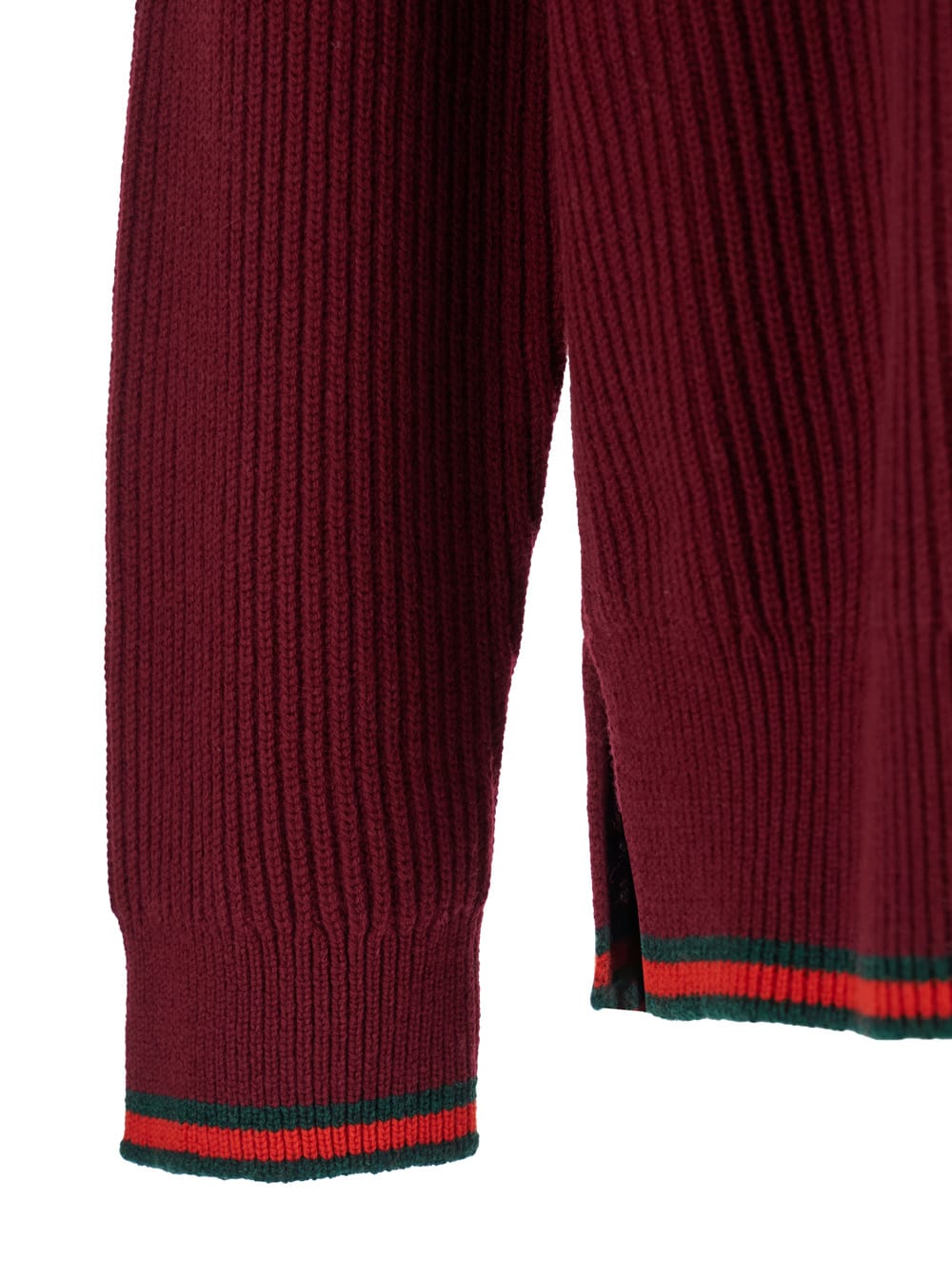 Gucci Red Crewneck Sweater With Web Detail In Ribbed Wool Blend Man In Burgundy