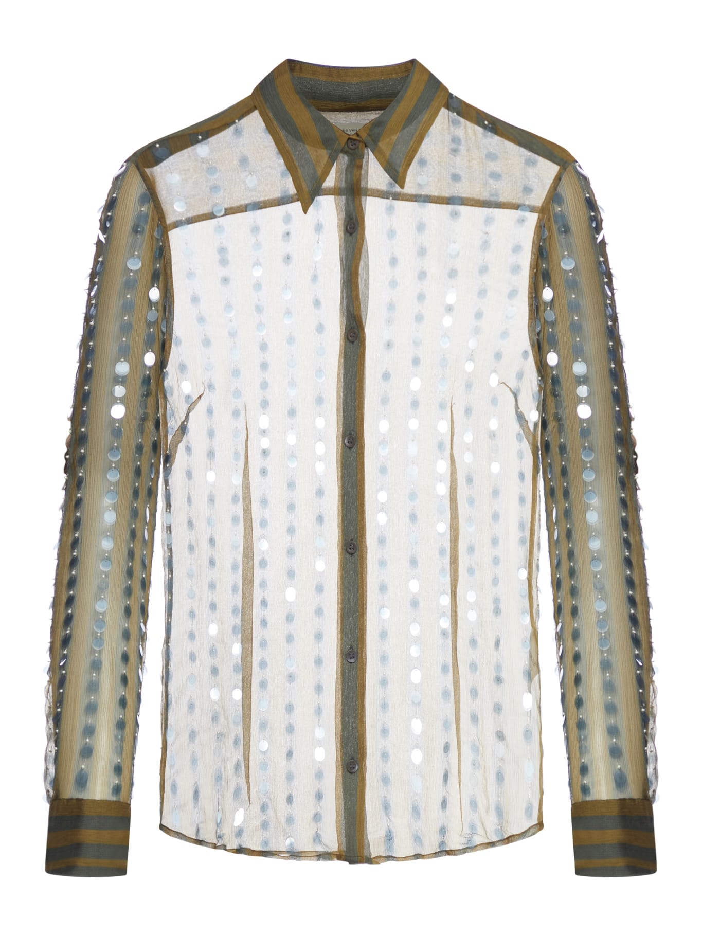 Shop Dries Van Noten 00810-chowy Emb 8105 W.w.shirt Silk Mousseline Printed With Bicolor Stripes In Khaki