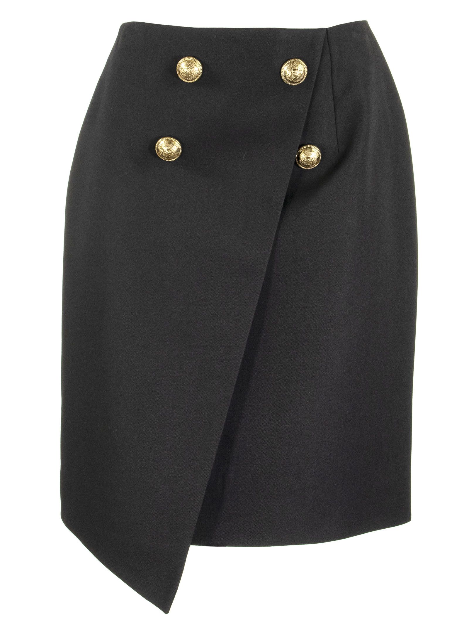 Balmain Asymmetrical Black Wool Wraparound Skirt With Gold-tone Buttons