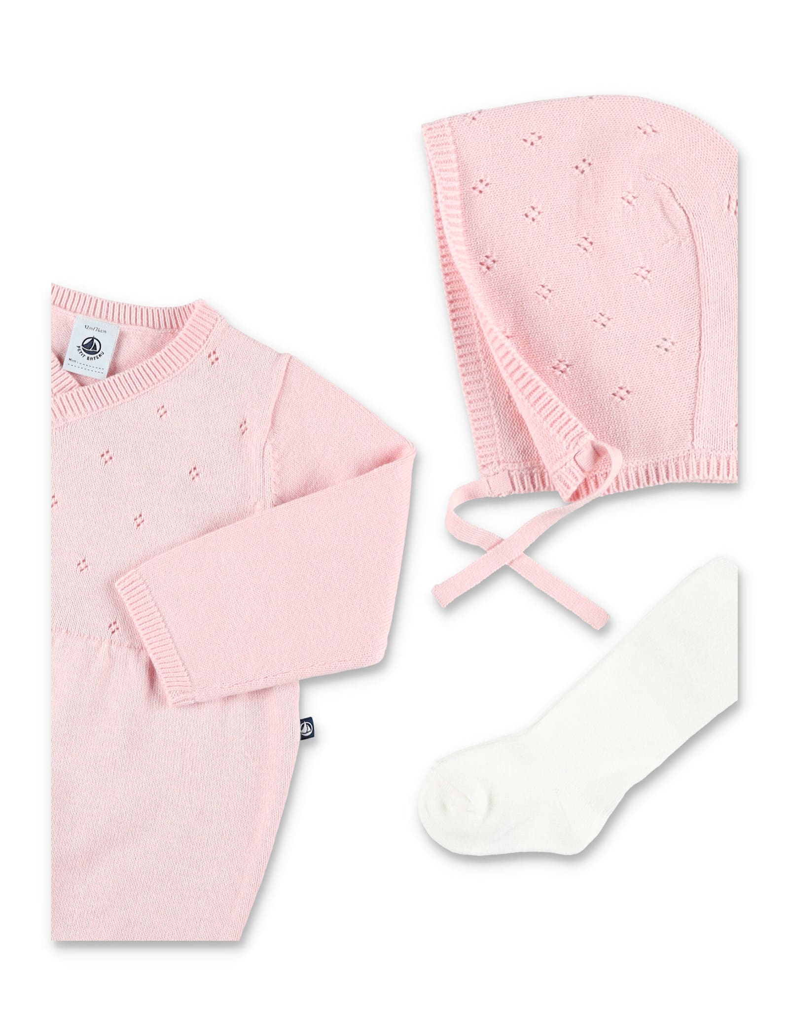 Petit Bateau Baby Knitted Gift Set With Bonnet And Rompers In Multi