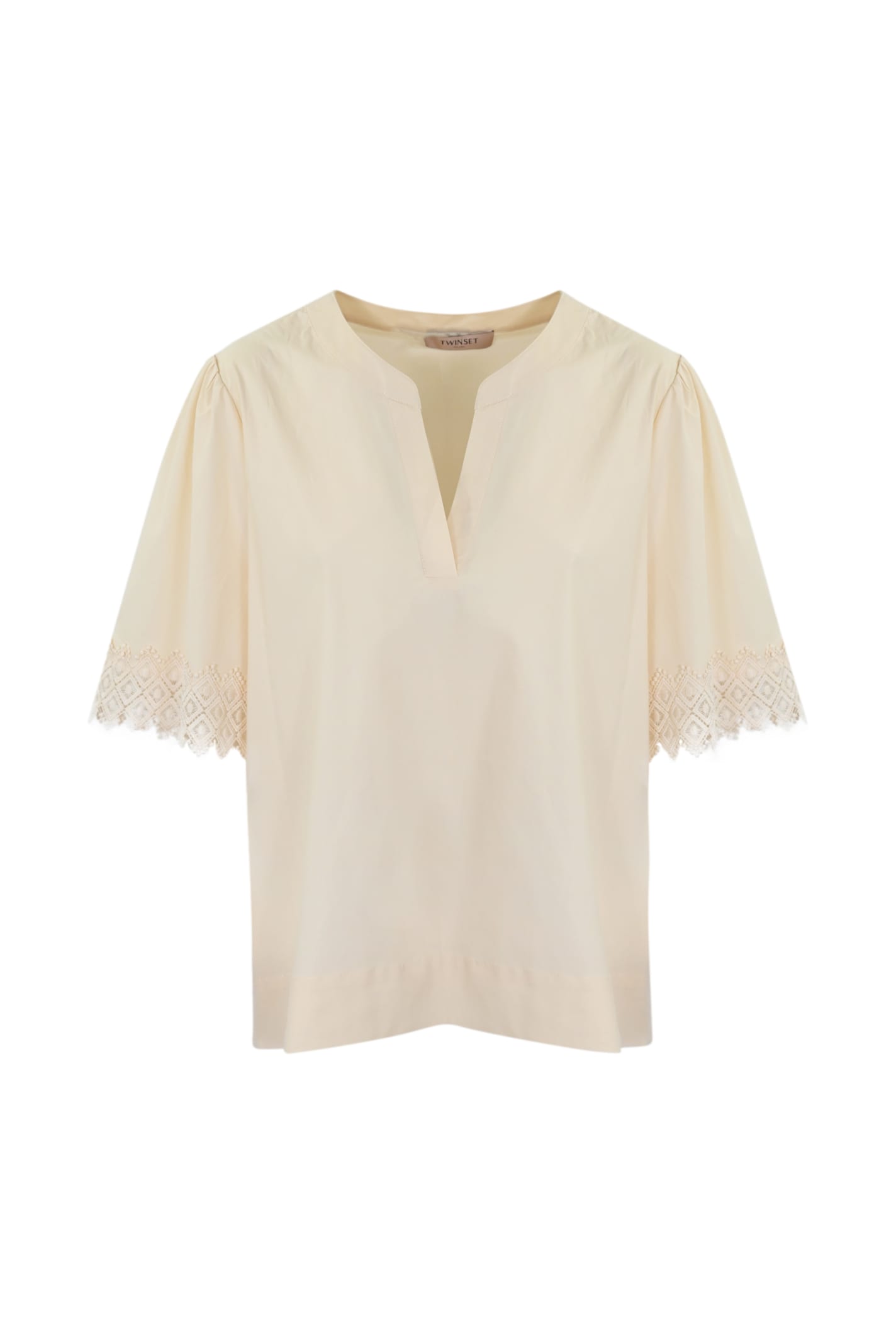 Shop Twinset Poplin Blouse With Embroidery In Parchment