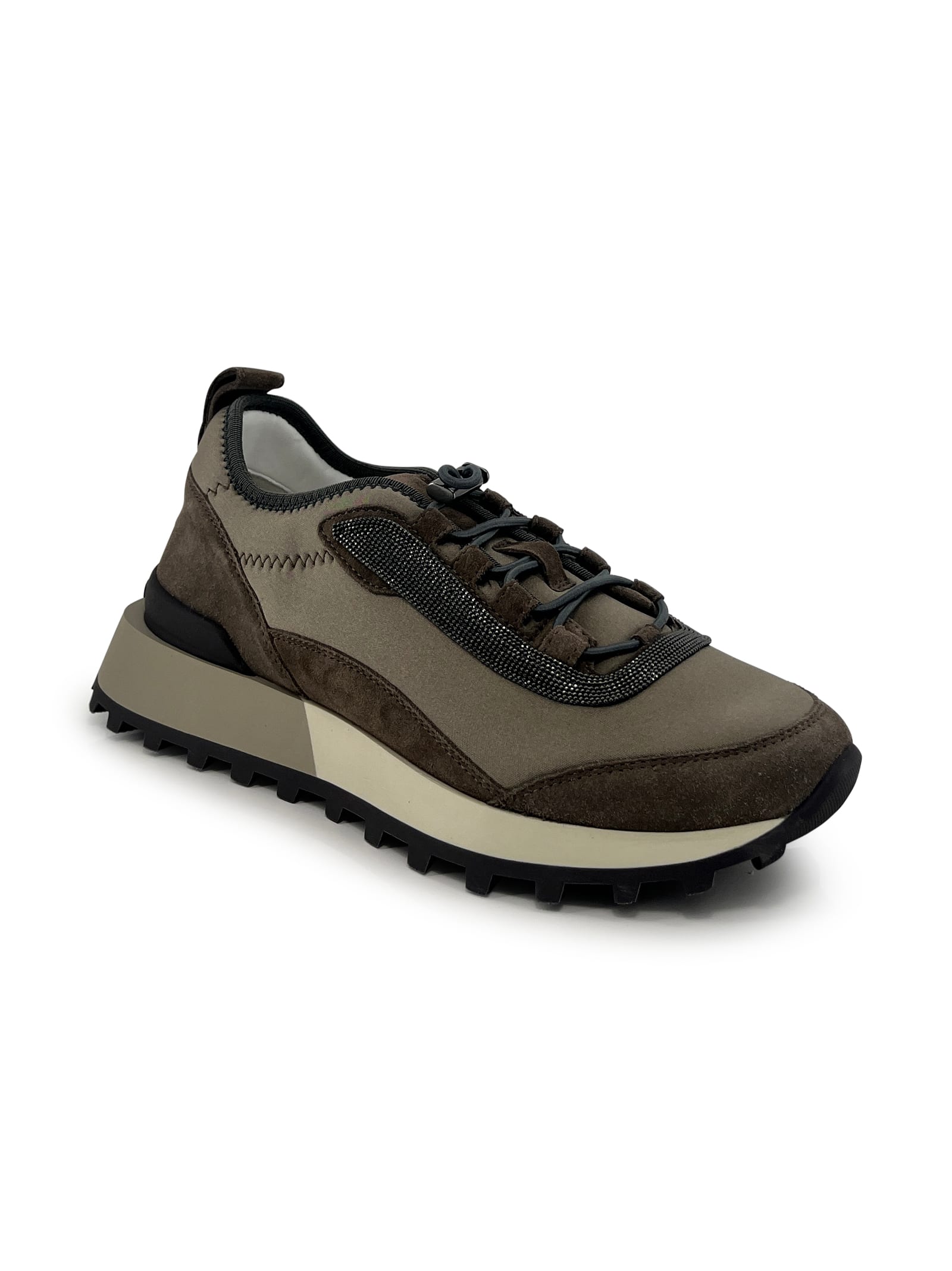 Brunello Cucinelli Techno Fabric And Suede Trainers With Precious Trim. In Brown