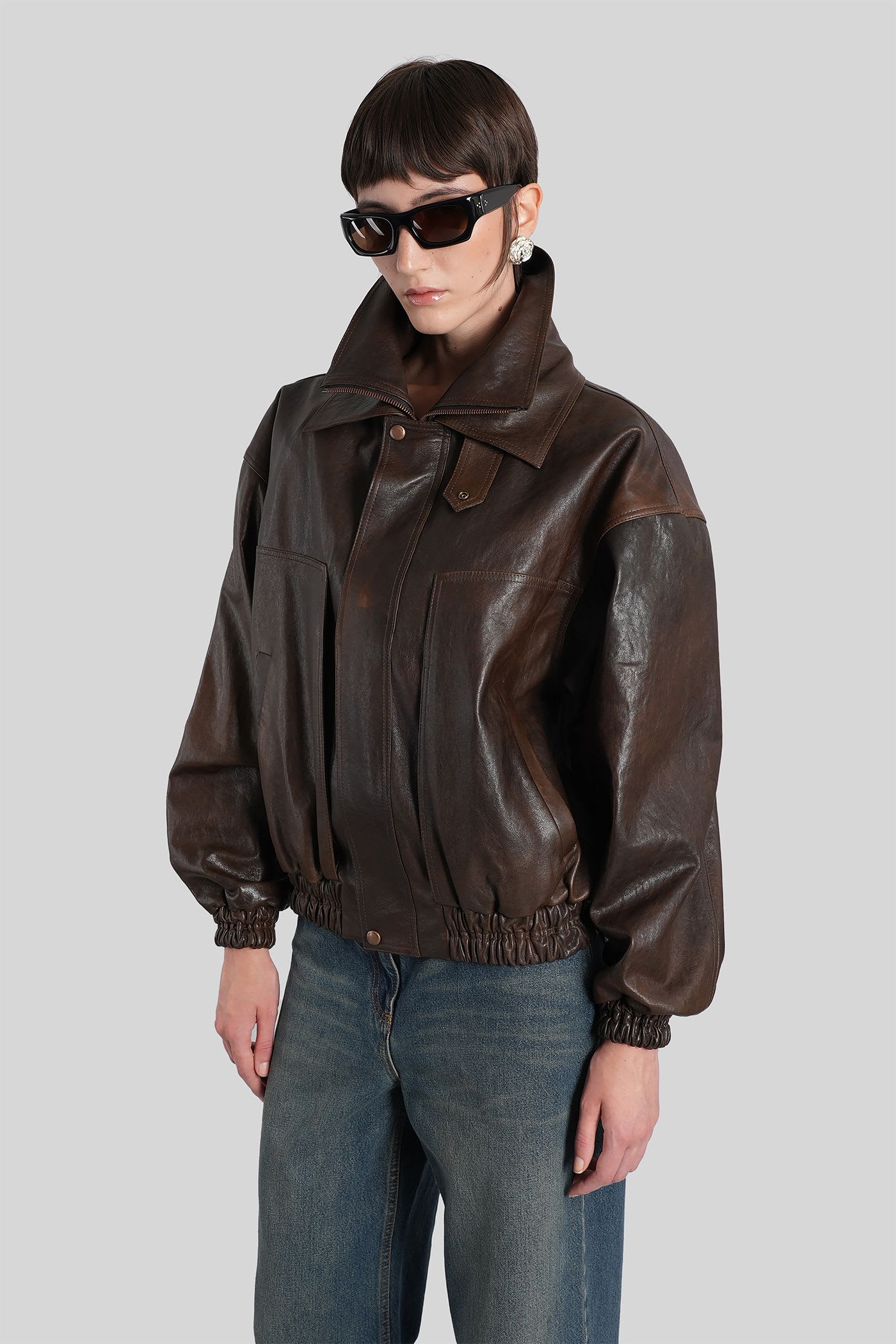 Magda Butrym Oversized High Neck Leather Jacket In Brown