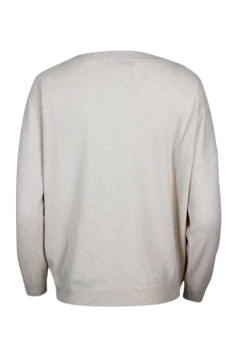 Brunello Cucinelli Lightweight V-neck Long-sleeved Oversized Sweater With Window Motif Embellished With Micro-sequins I In Beige