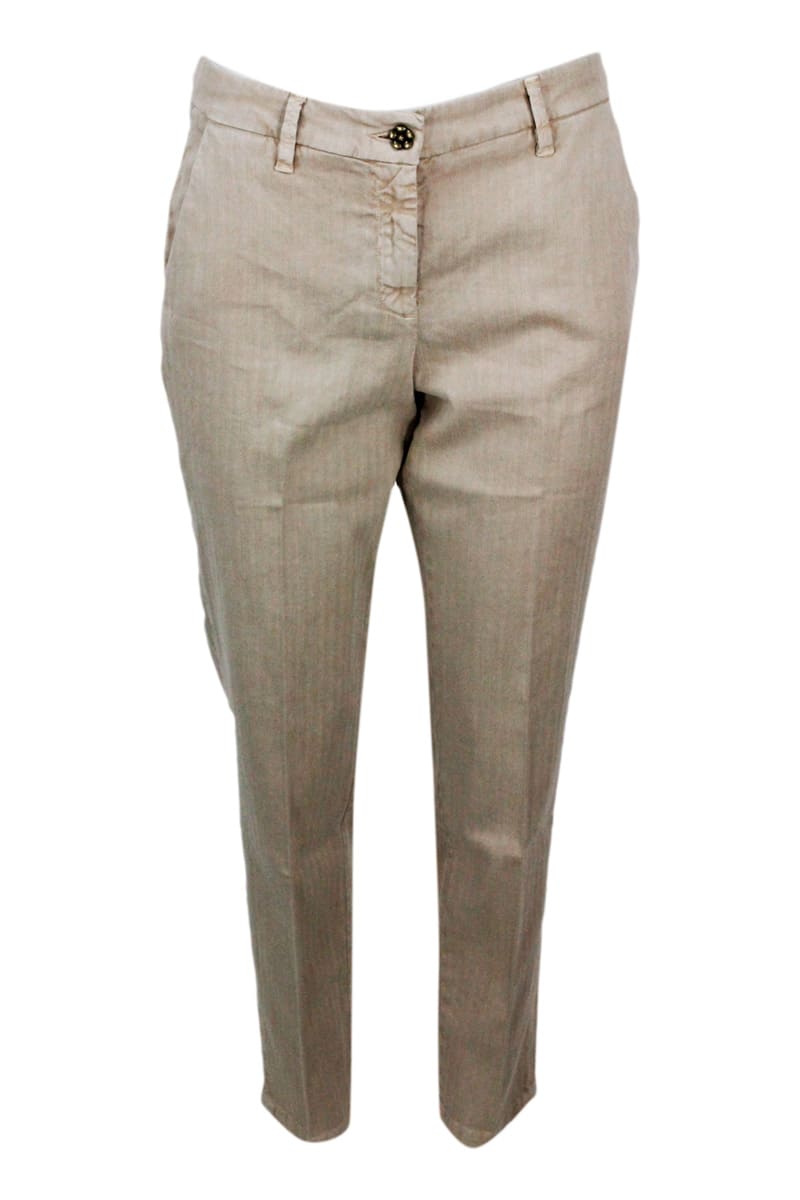 Shop Jacob Cohen Slim Regular Fit Navy Trousers In Soft Stretch Cotton Herringbone Pattern With America Pockets Chino In Beige