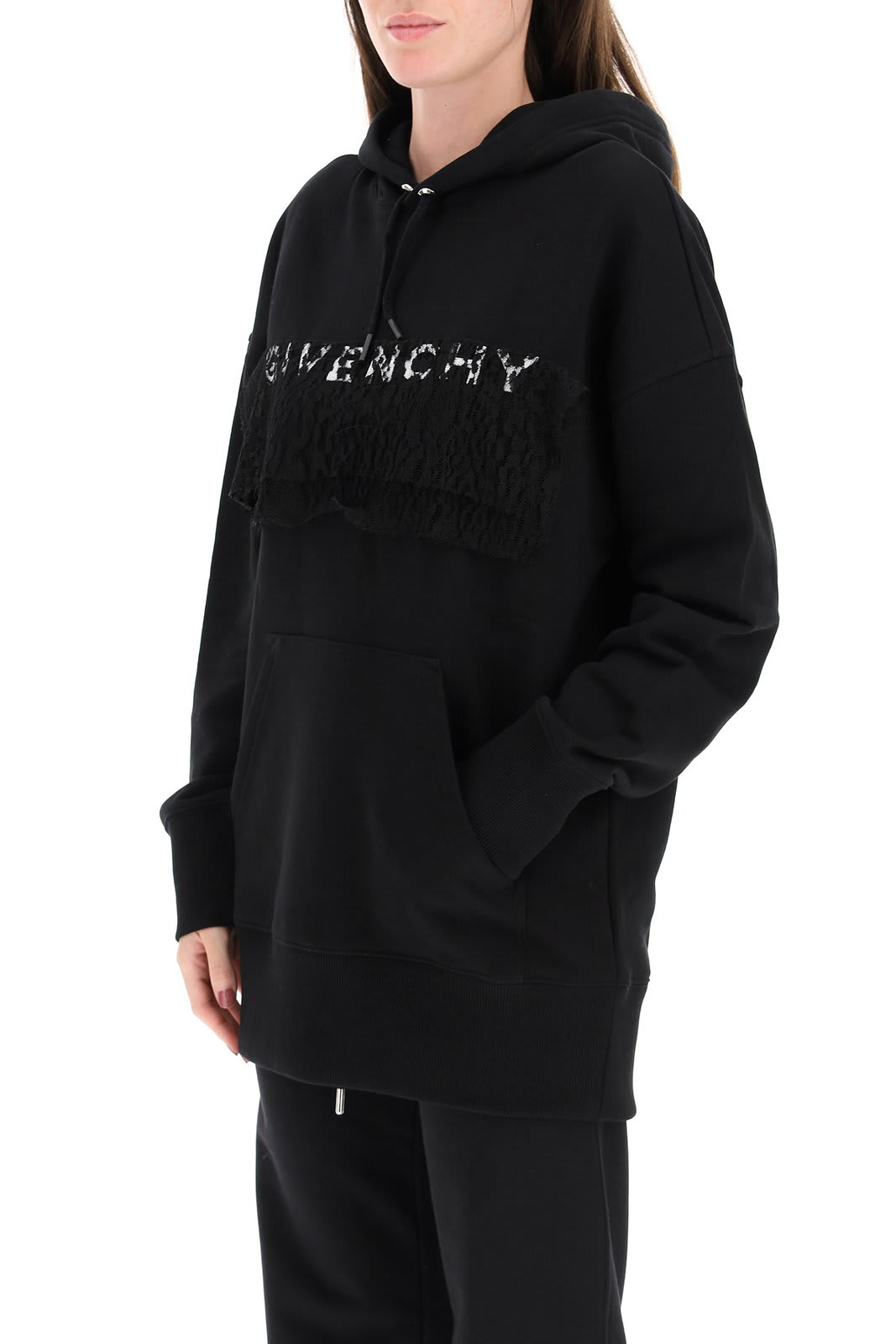 Shop Givenchy Lace Panel Oversized Hoodie In Black