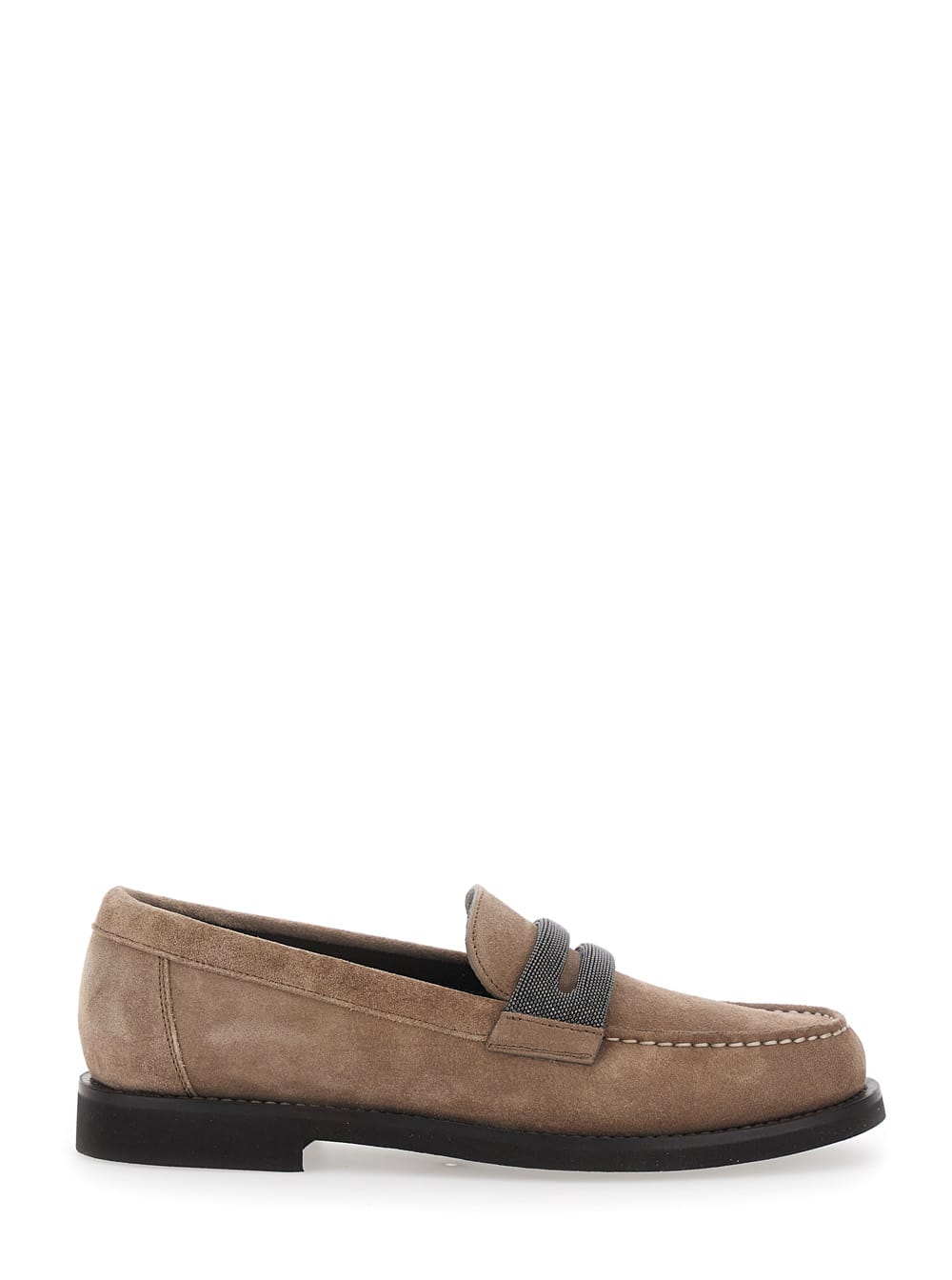 Brunello Cucinelli Brown Loafers With Almond Toe And Monil Detail In Suede Woman In Brown