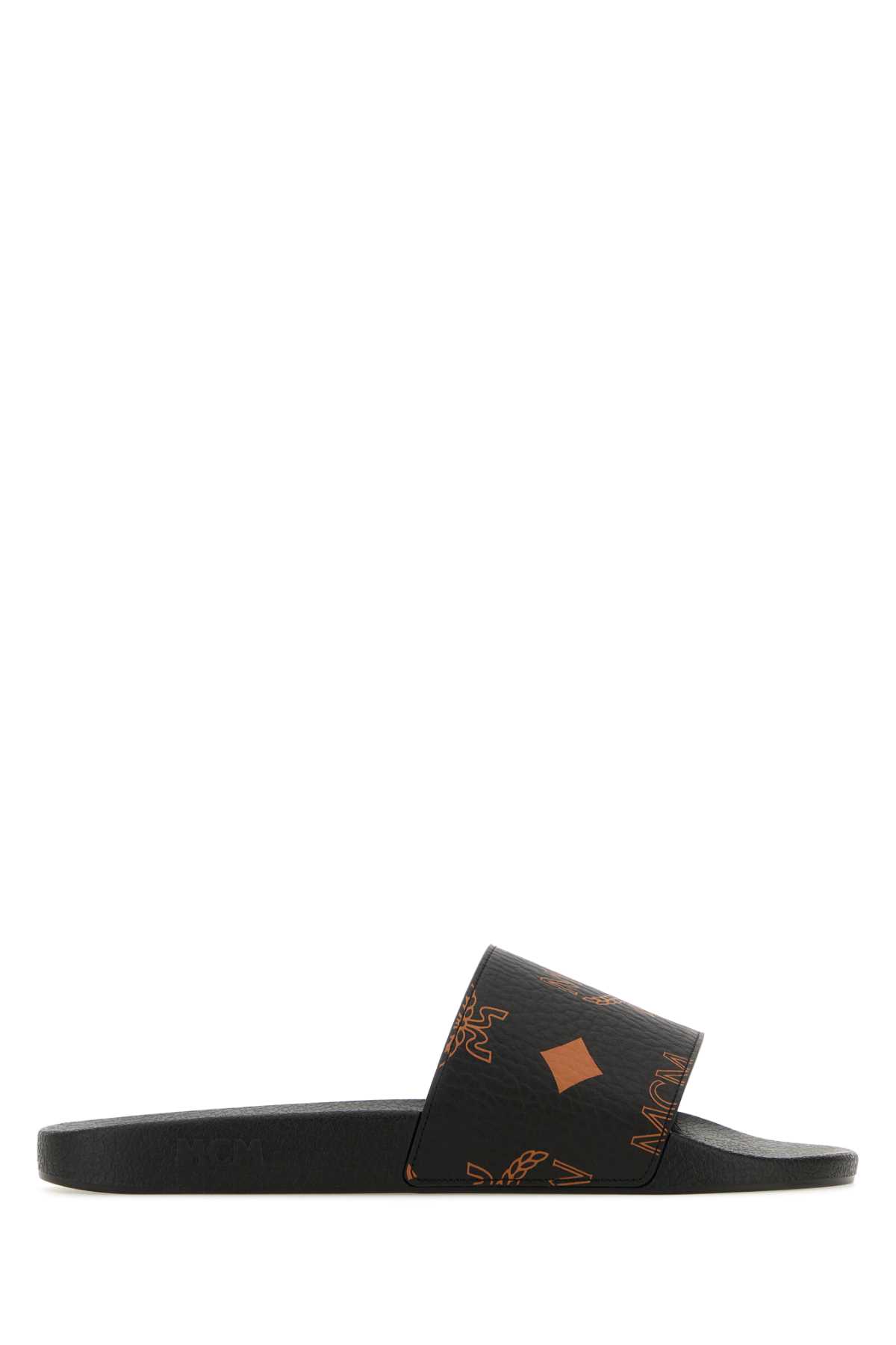 Shop Mcm Printed Canvas Slippers In Black