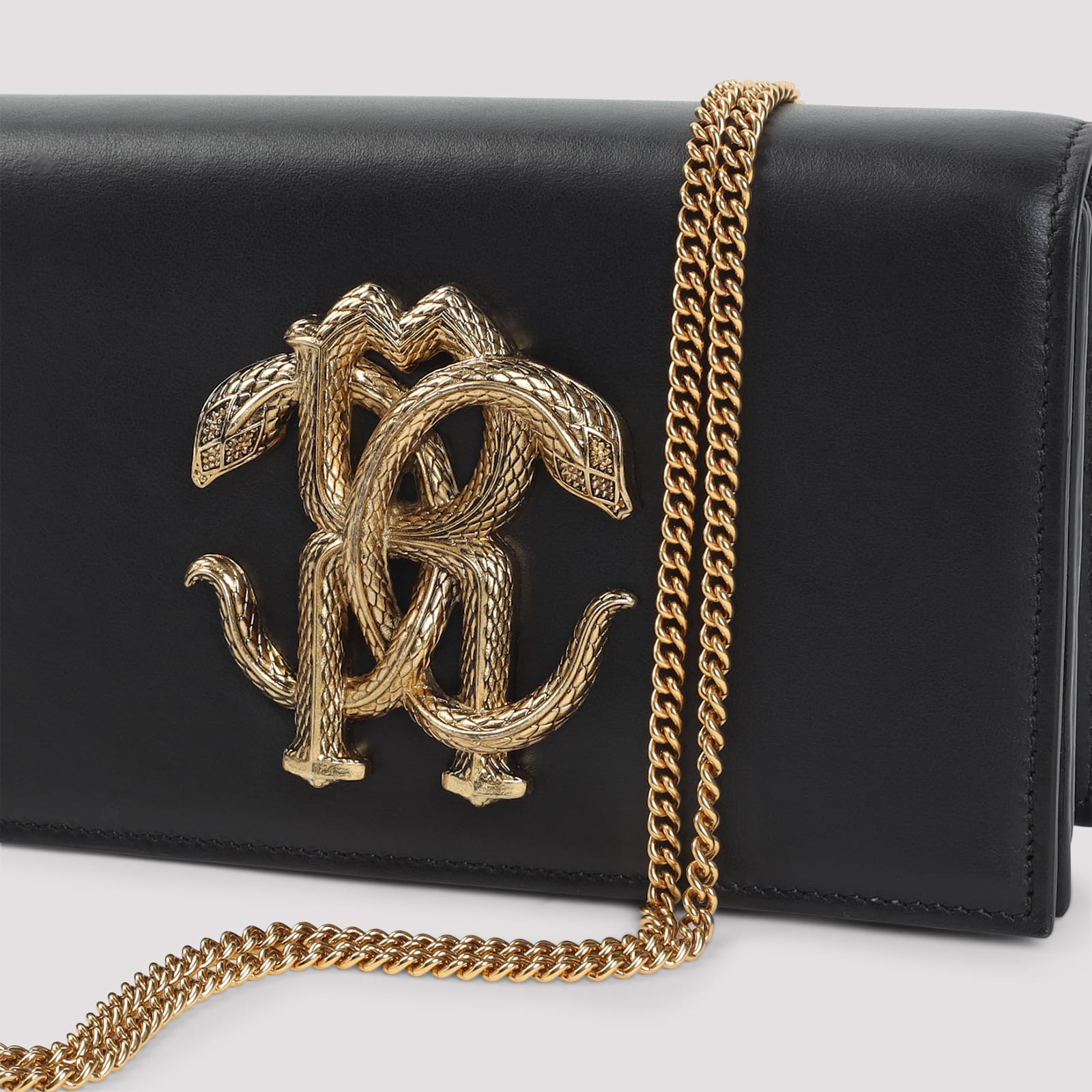 Roberto Cavalli Black Leather Shoulder Bag With Gold Emblem In Black