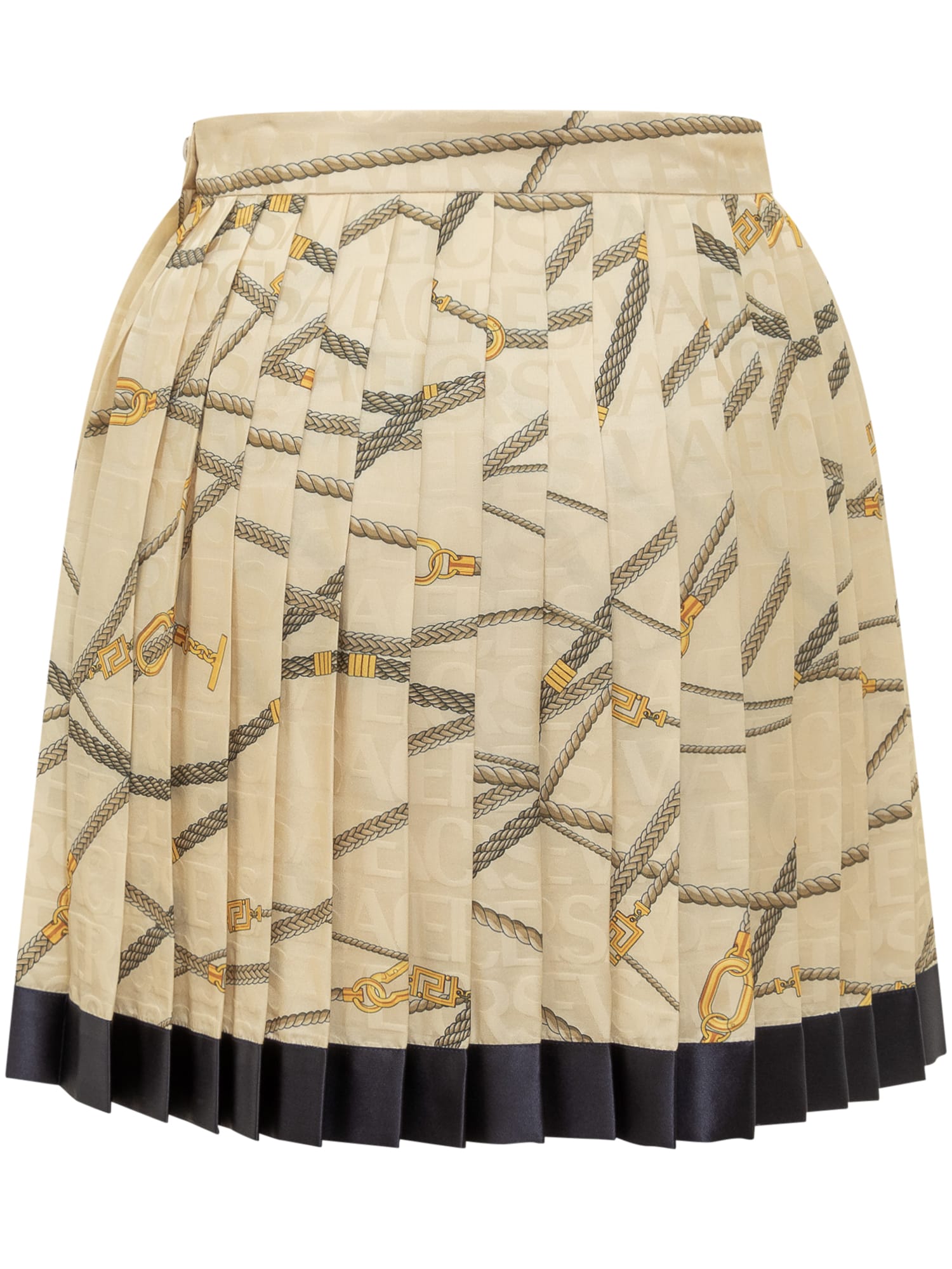 Versace Multicolor Pleated Mini Skirt With All-over Logo Print In Sand Gold