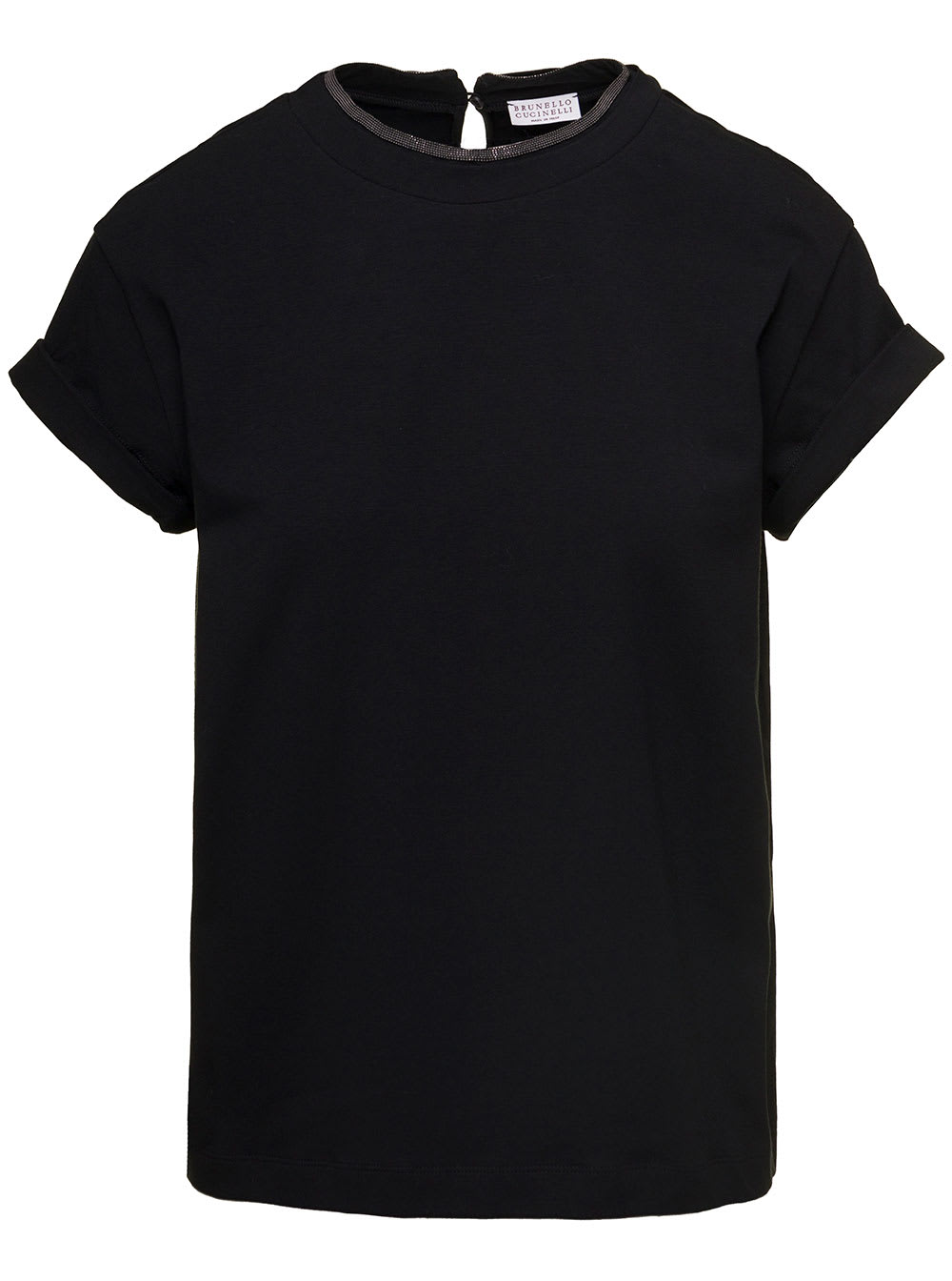 Shop Brunello Cucinelli Black T-shirt With Monile Detail In Cotton Woman