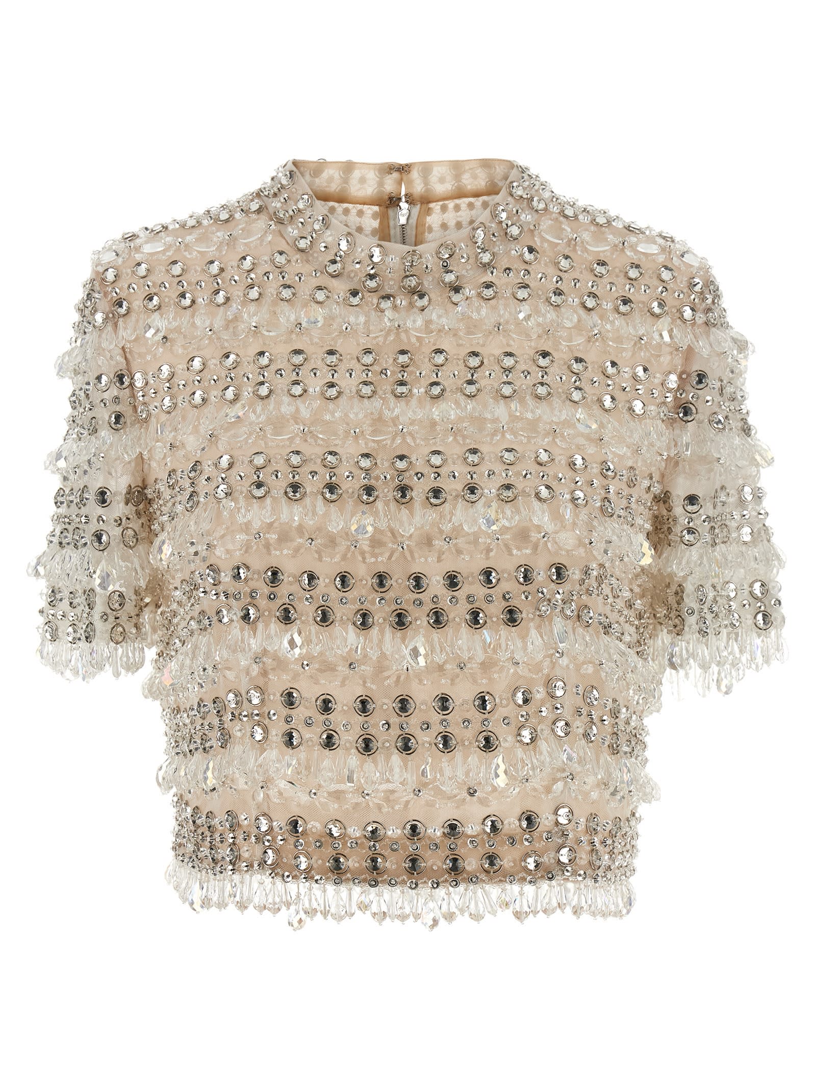Carolina Herrera Crystal-embellished Short-sleeved Top In Neutral