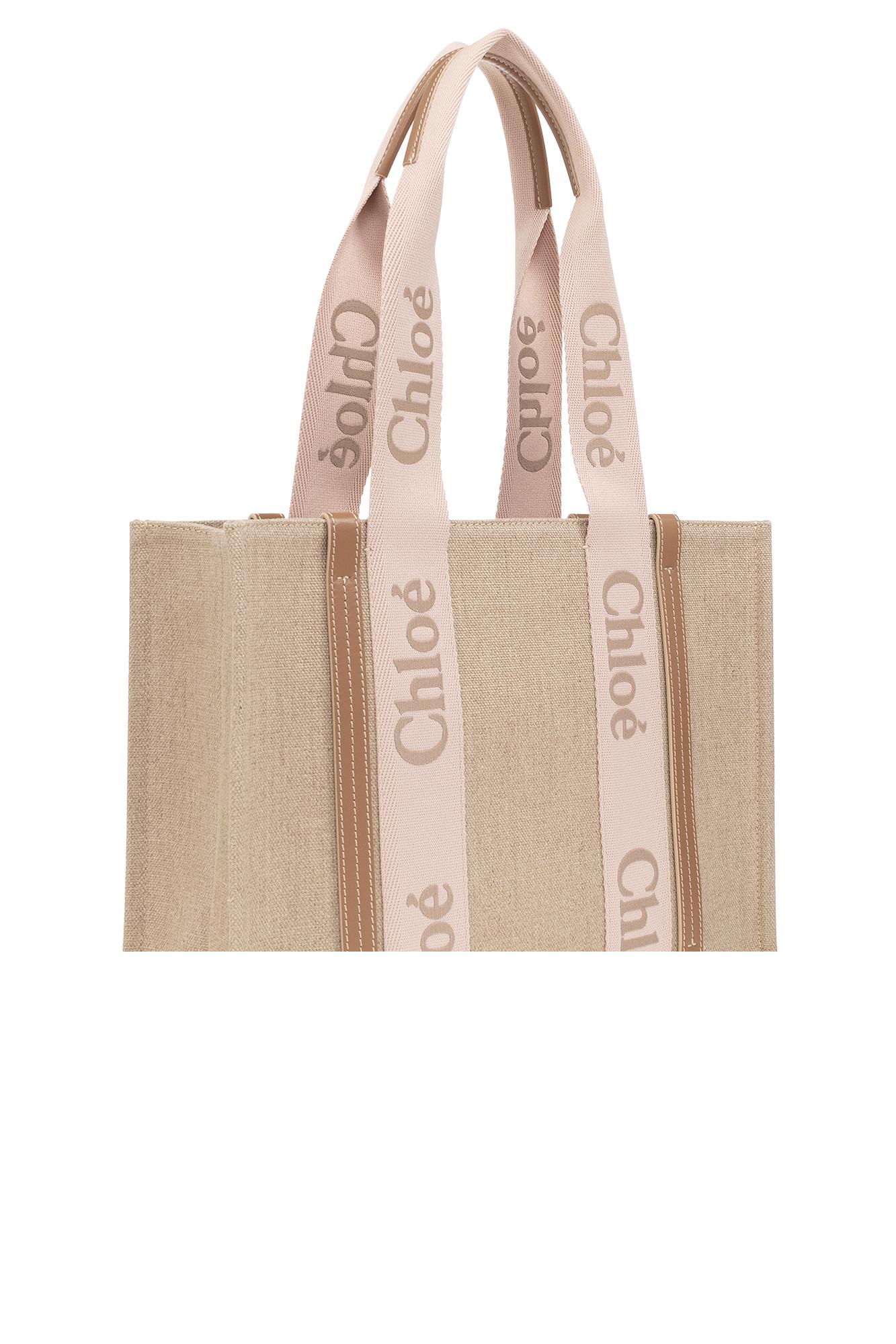 Chloé Pink And Beige Woody Medium Shopping Bag With Shoulder Strap In Beige