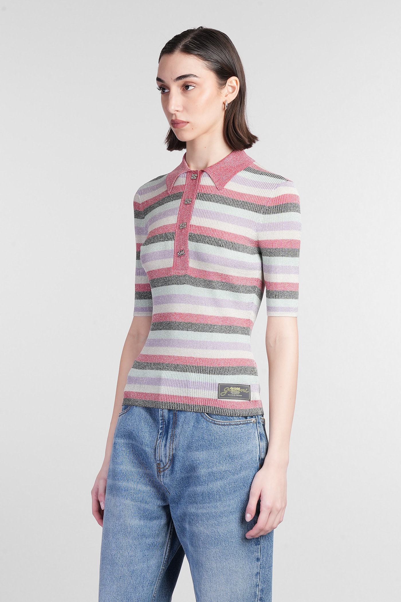 Ganni Womens Multicolour Sparkle-rib Short-sleeve Knitted Polo Shirt In Multicolor