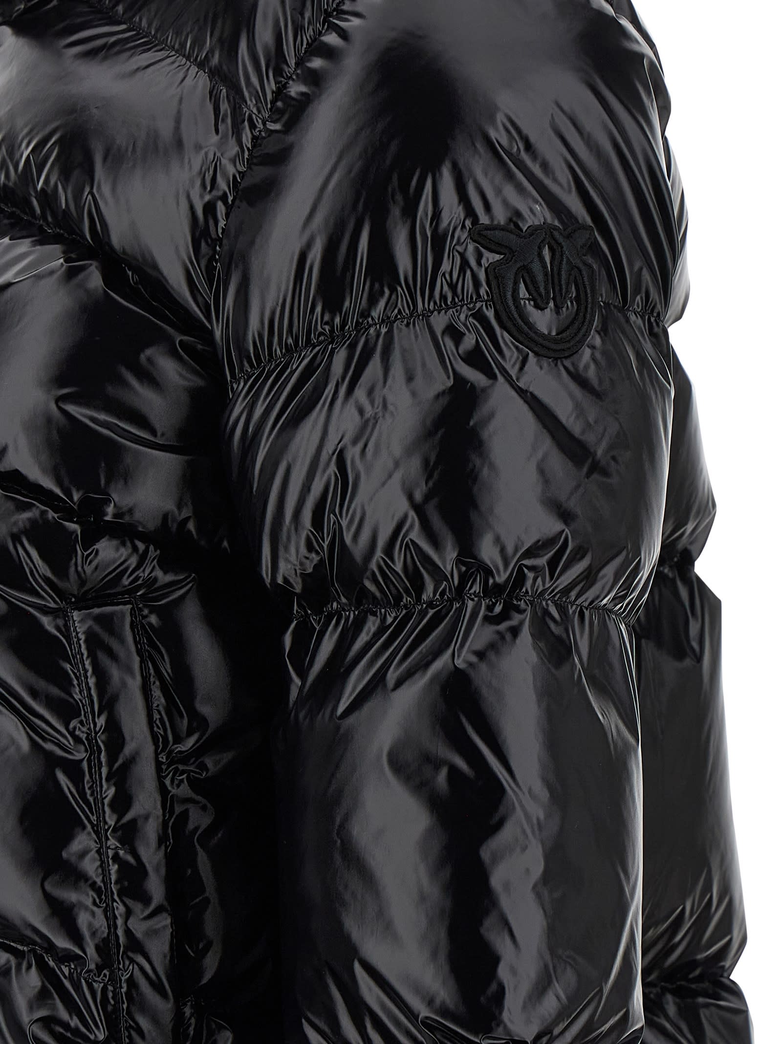 Pinko Cropped Black Down Coat With Glossy Finish And High Collar In Black