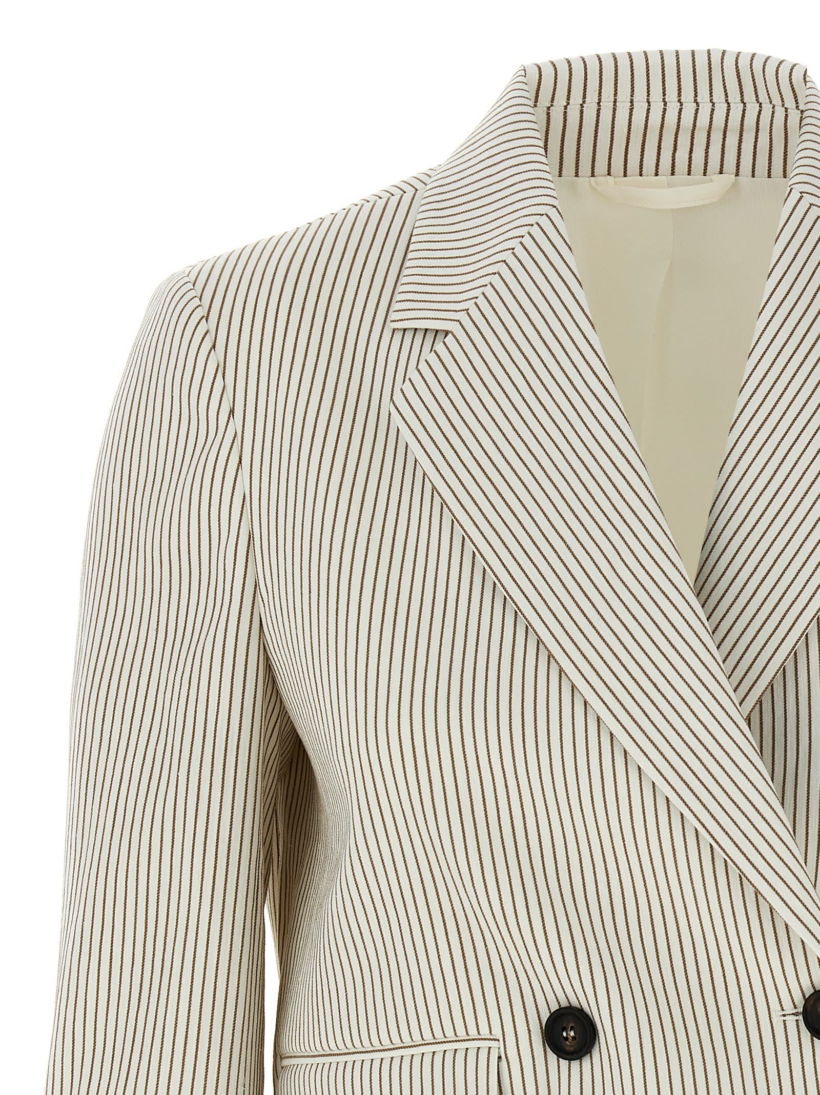 Brunello Cucinelli Double-breasted Short Blazer In White Linen And Cotton