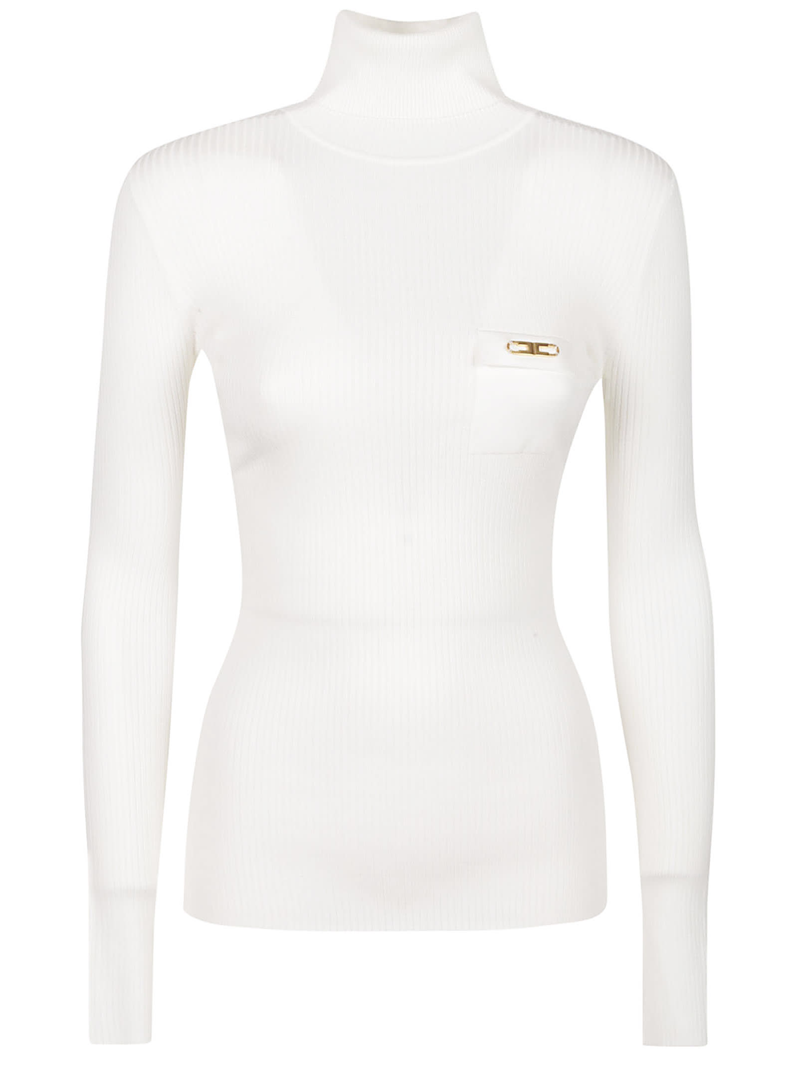 Elisabetta Franchi Ribbed Knit Turtleneck Top With Breast Pocket Clothing In White