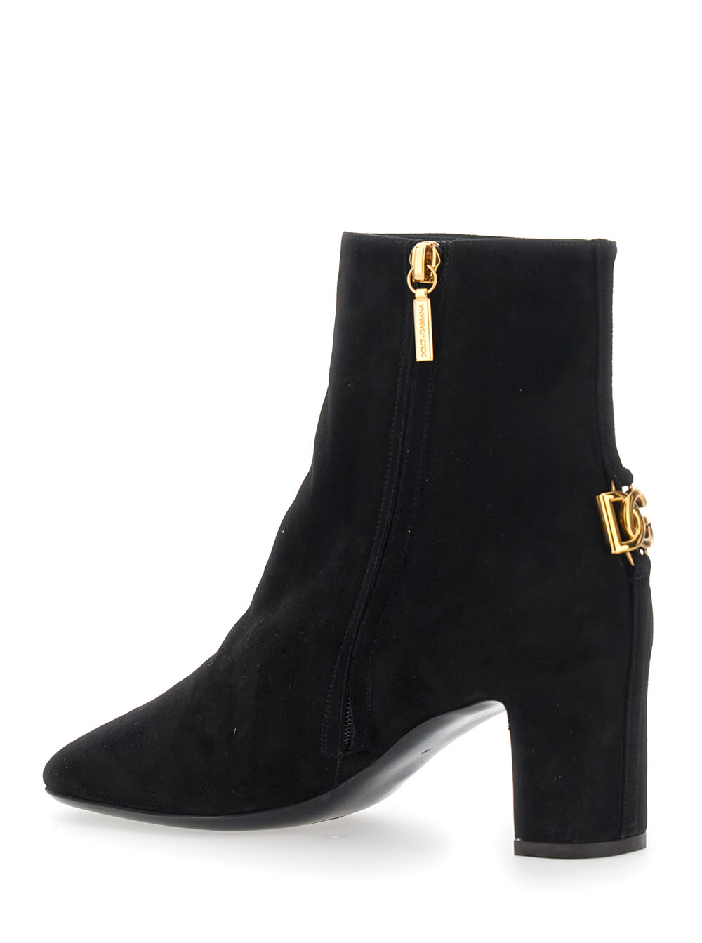 Dolce & Gabbana Black Ankle Boots With Dg Logo Plaque On The Back In Suede Woman In Black