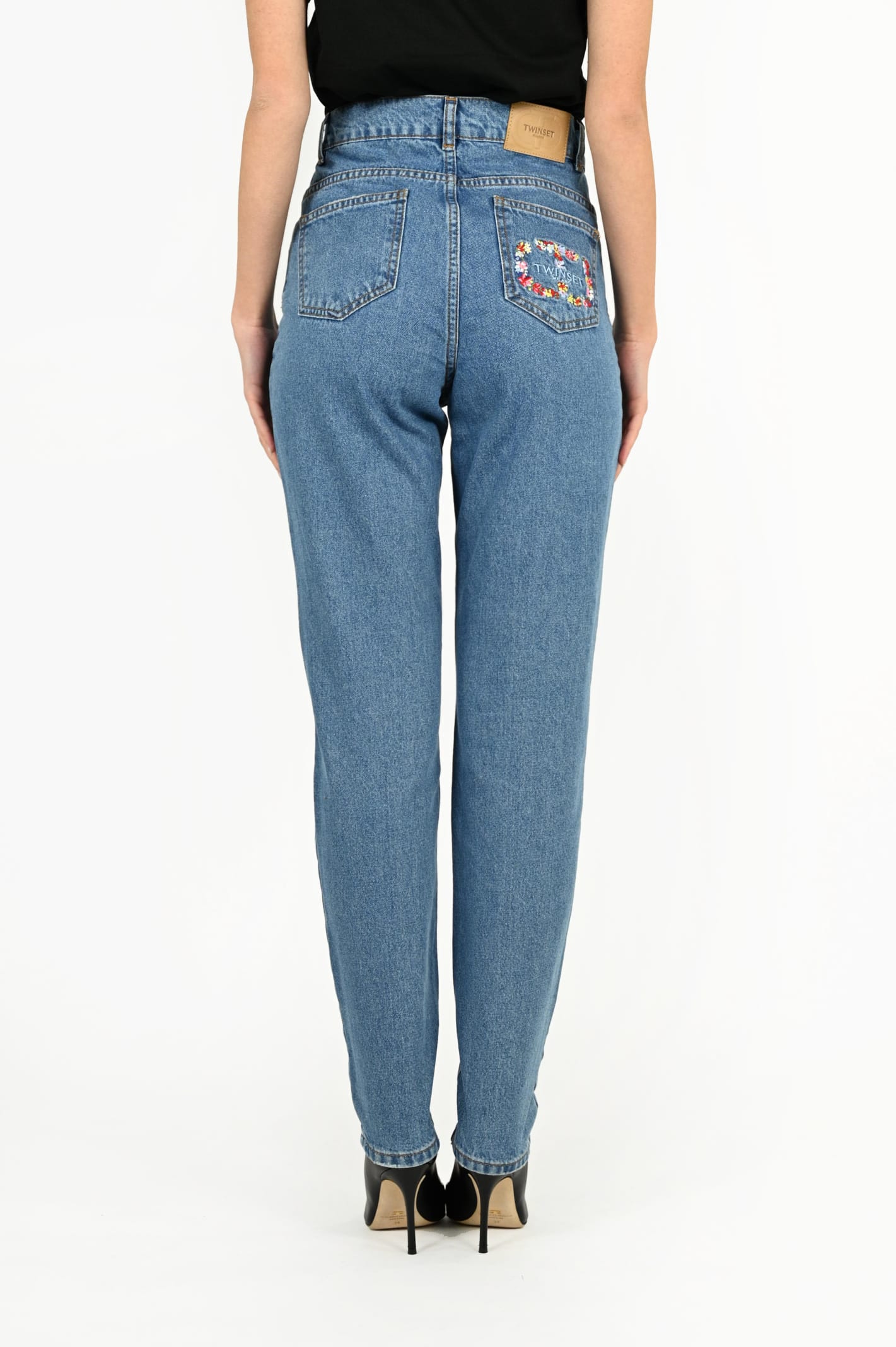 Shop Twinset Slim Fit Jeans With Floral Oval T In Denim