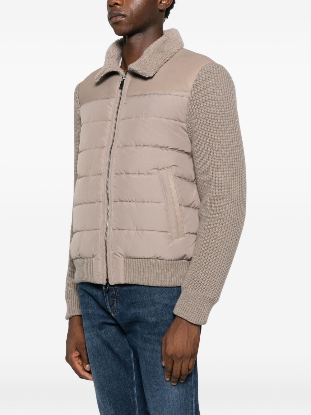 Corneliani Quilted Jacket With Shearling Collar In Brown