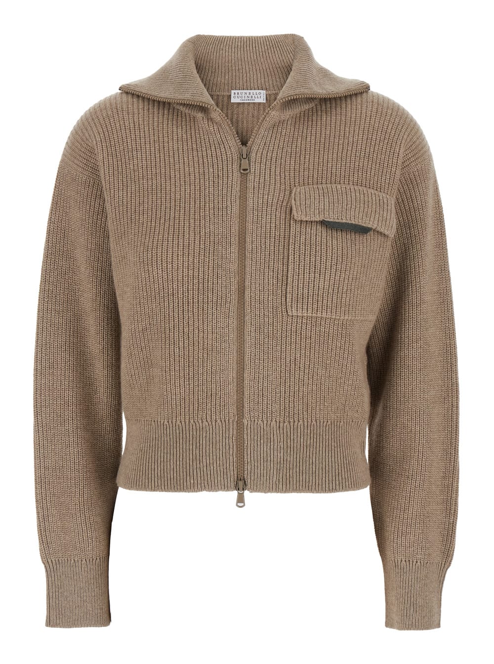Brunello Cucinelli Women Beige Cardigan With Spread Collar And Monil Detail On The Front In Cashmere In Brown