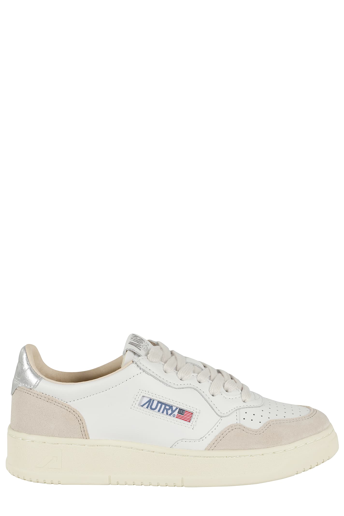 Autry Low-top Sneakers With Hybrid Leather Design And Metallic Accent In Silver
