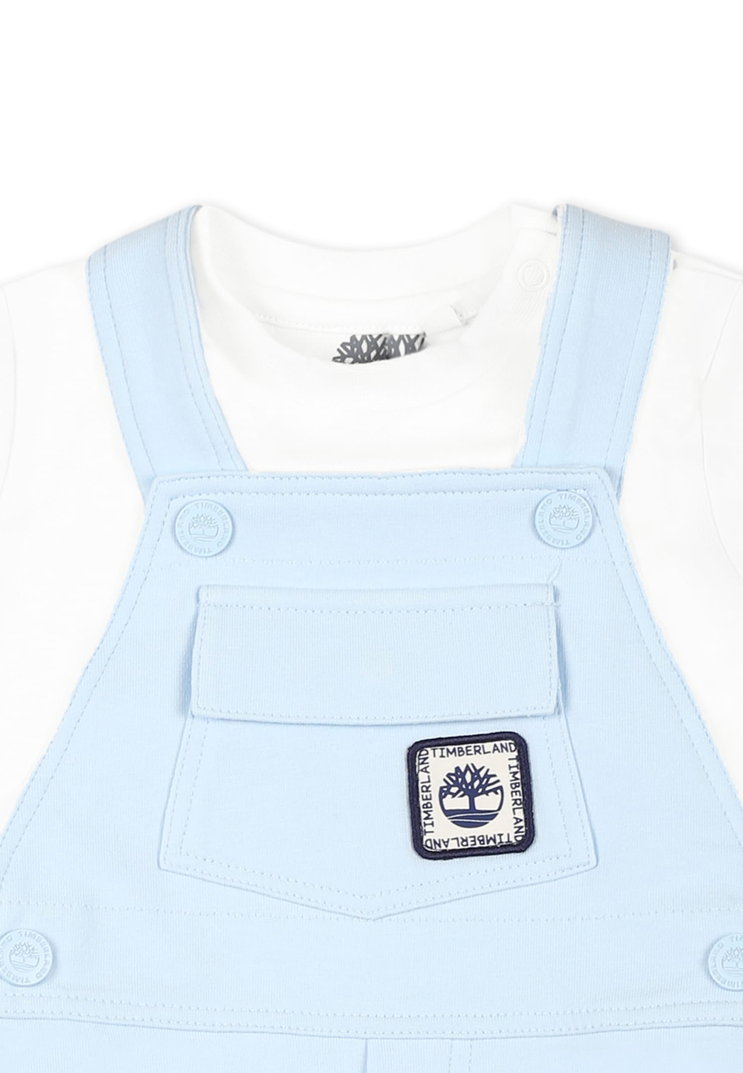 Timberland Light Blue Dungarees Suit For Baby Boy With Logo In Light Blue