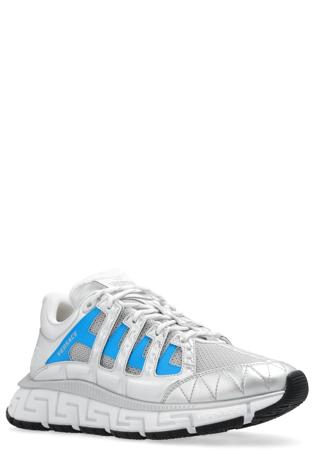 Shop Versace Trigreca Panelled Mesh Lace-up Sneakers In Silver Blue White (silver)